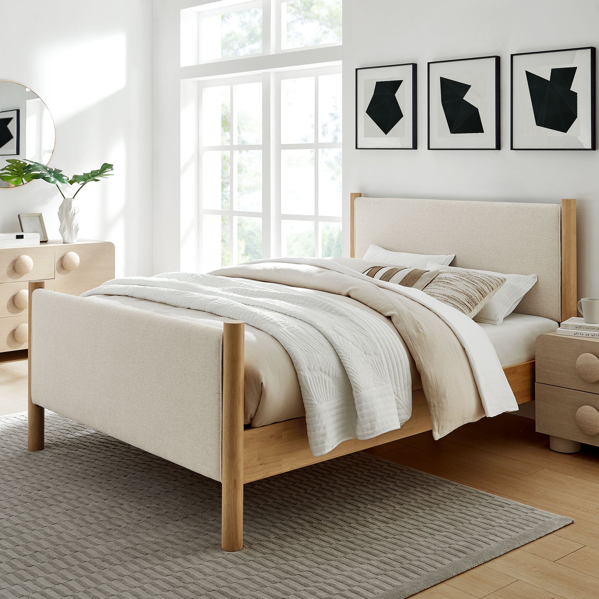 Maven King Size Fabric Upholstered Platform Bed, Ivory Oak