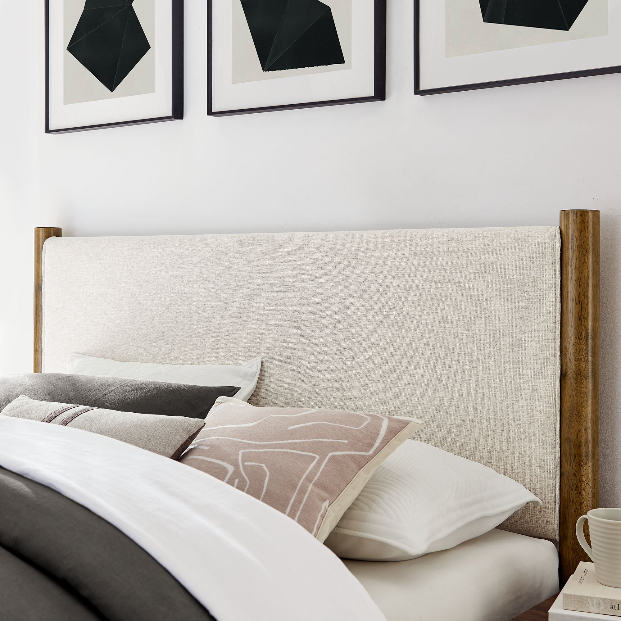 Maven King Size Fabric Upholstered Platform Bed, Ivory Walnut