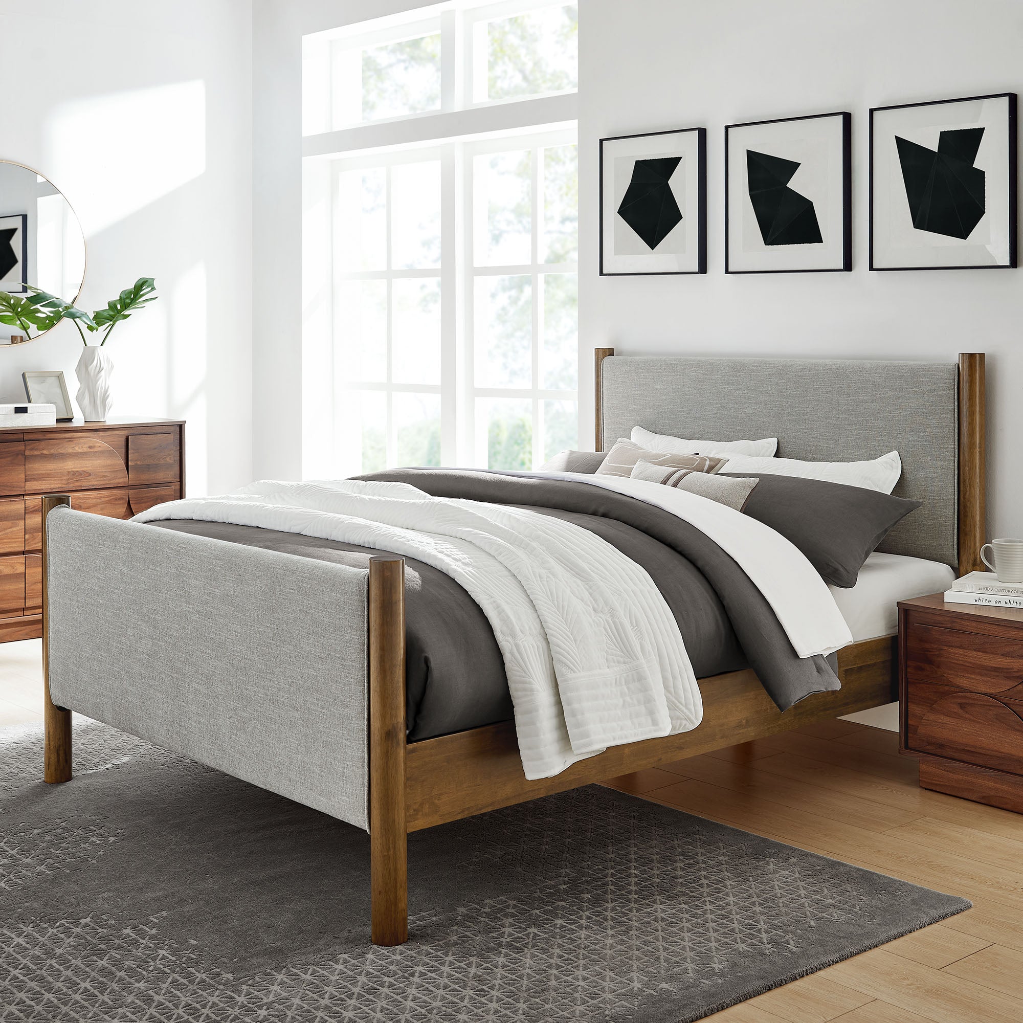 Maven King Size Fabric Upholstered Platform Bed, Wheat Walnut