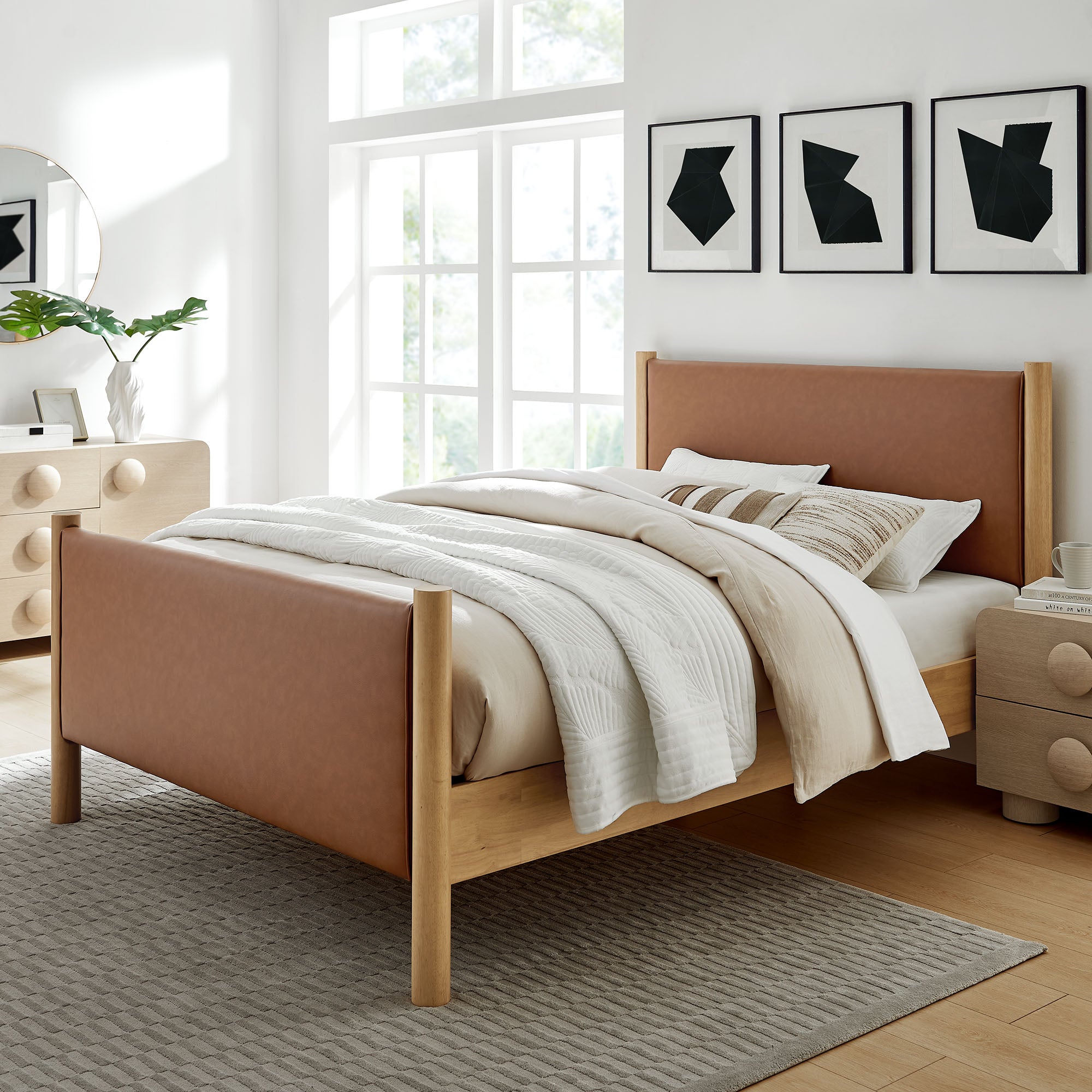 Maven King Size Vegan Leather Upholstered Platform Bed, Tan Oak