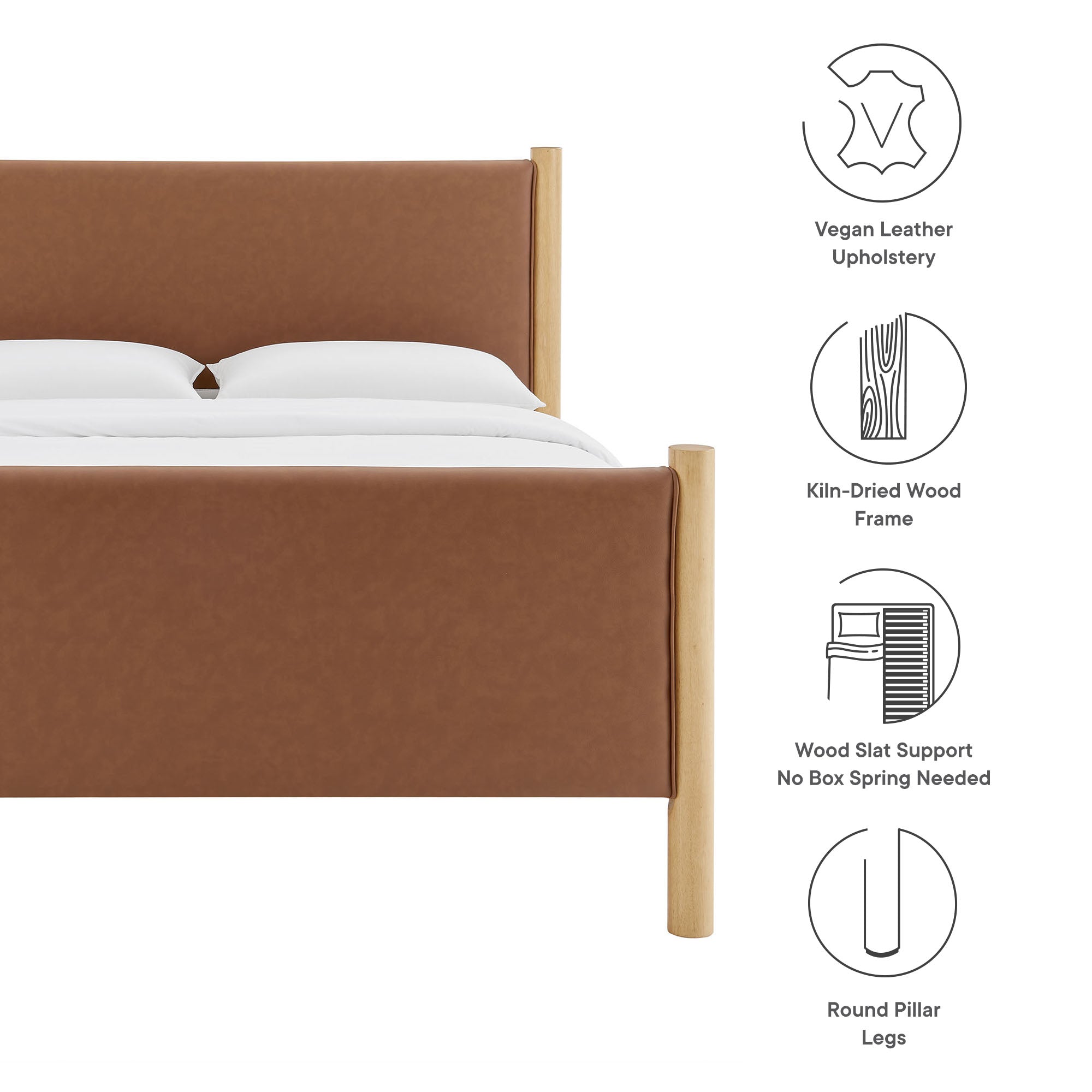 Maven King Size Vegan Leather Upholstered Platform Bed, Tan Oak