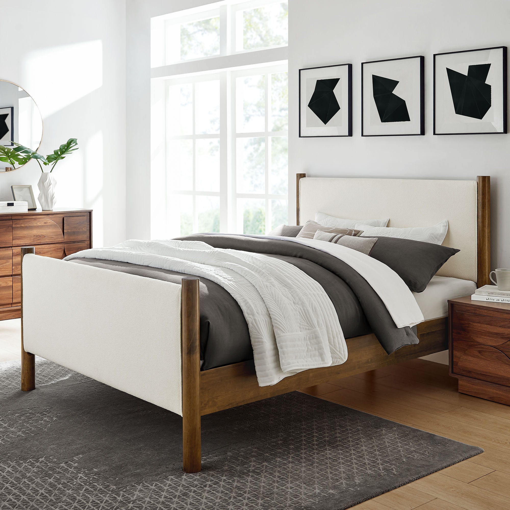 Maven King Size Boucle Upholstered Platform Bed, Feather Walnut