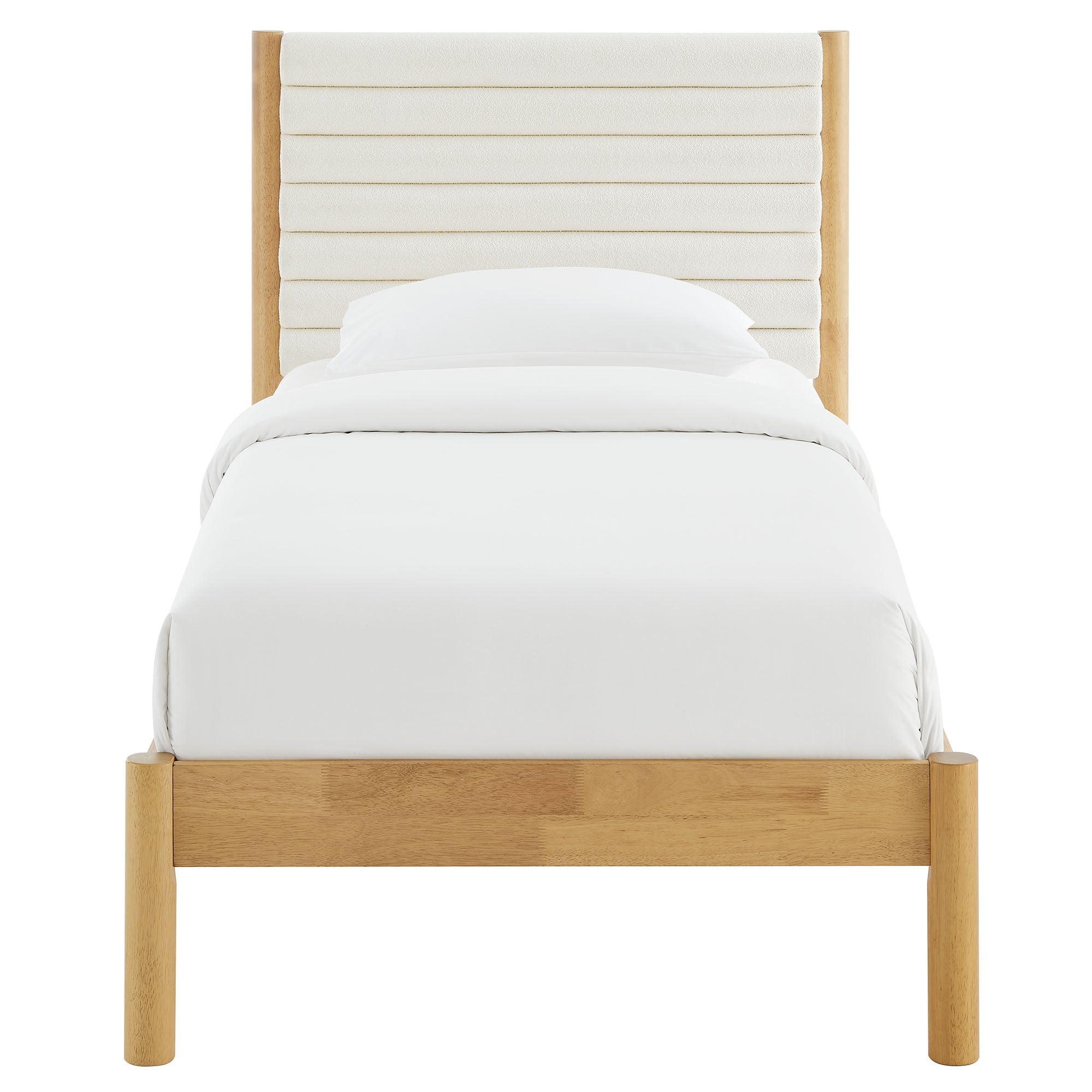 Olea Channel Tufted Boucle Solid Wood Twin Platform Bed, Feather Oak
