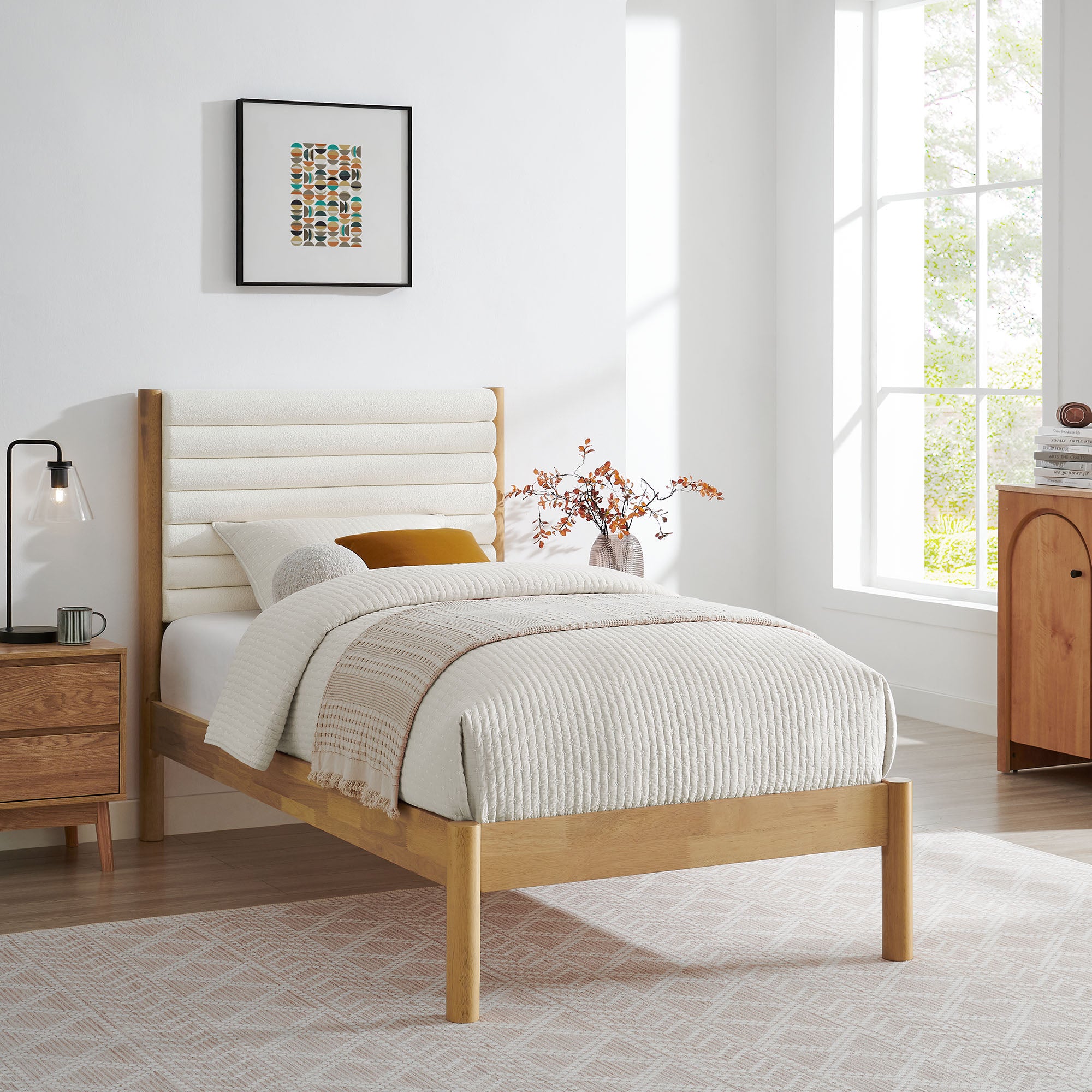 Olea Channel Tufted Boucle Solid Wood Twin Platform Bed, Feather Oak