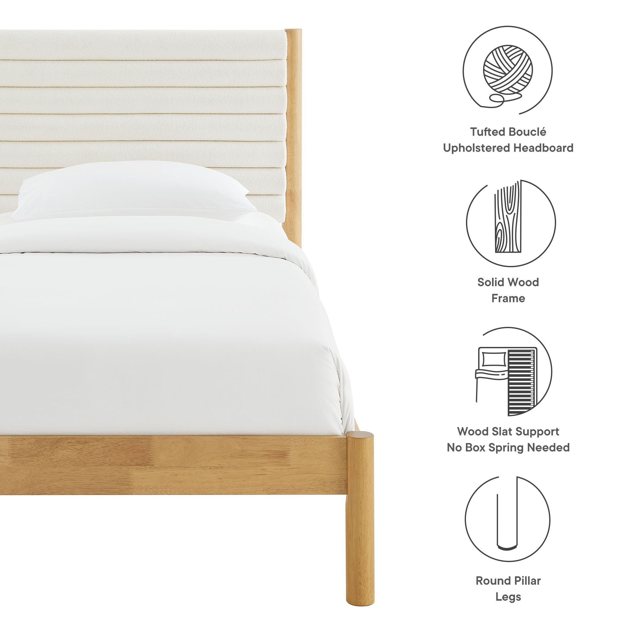 Olea Channel Tufted Boucle Solid Wood Twin Platform Bed, Feather Oak