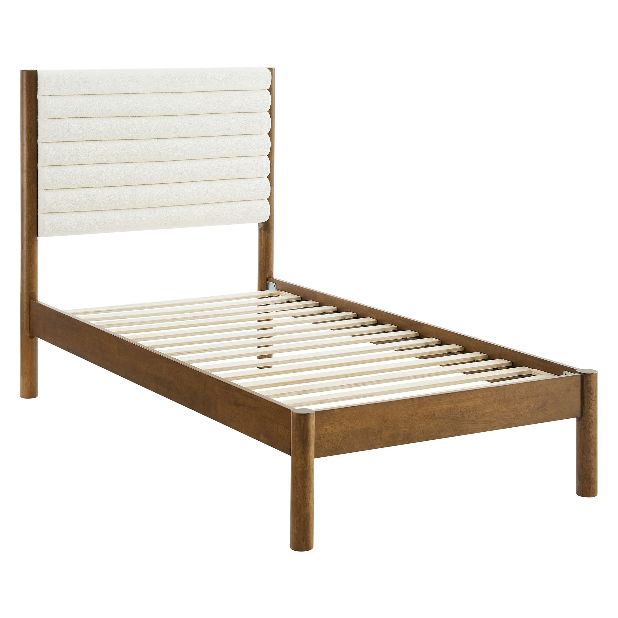 Olea Channel Tufted Boucle Solid Wood Twin Platform Bed, Feather Walnut