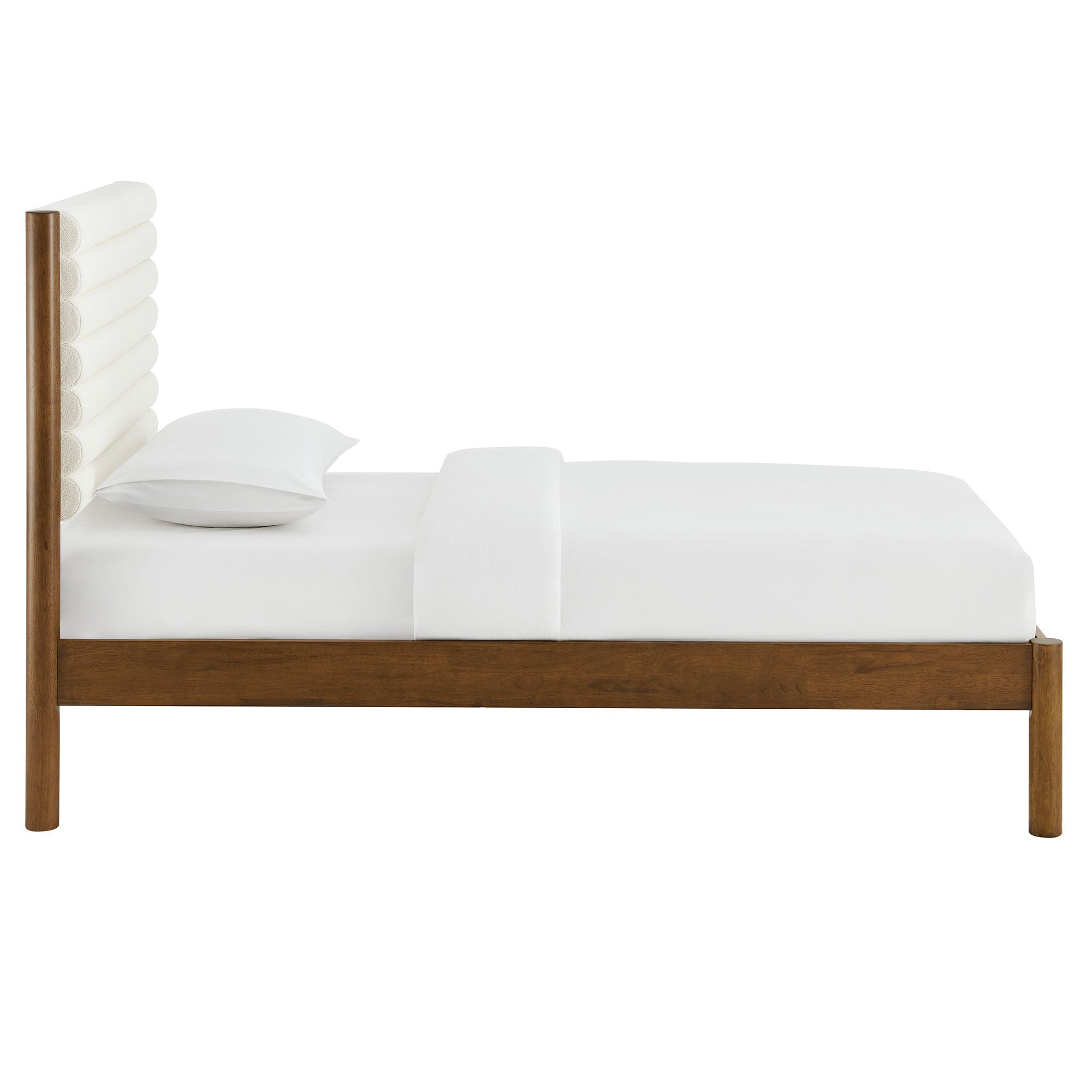Olea Channel Tufted Boucle Solid Wood Twin Platform Bed, Feather Walnut