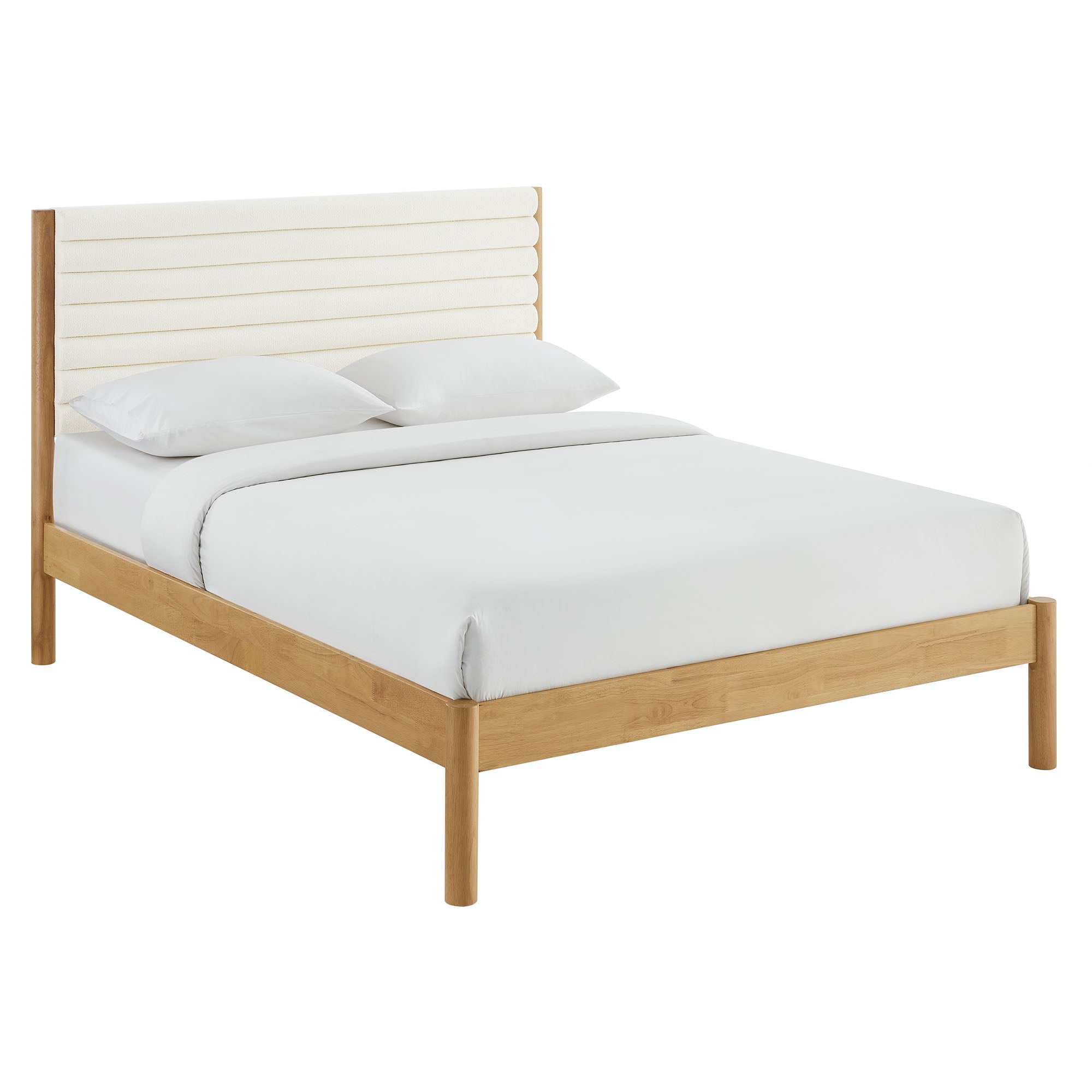 Olea Channel Tufted Boucle Solid Wood Queen Platform Bed, Feather Oak