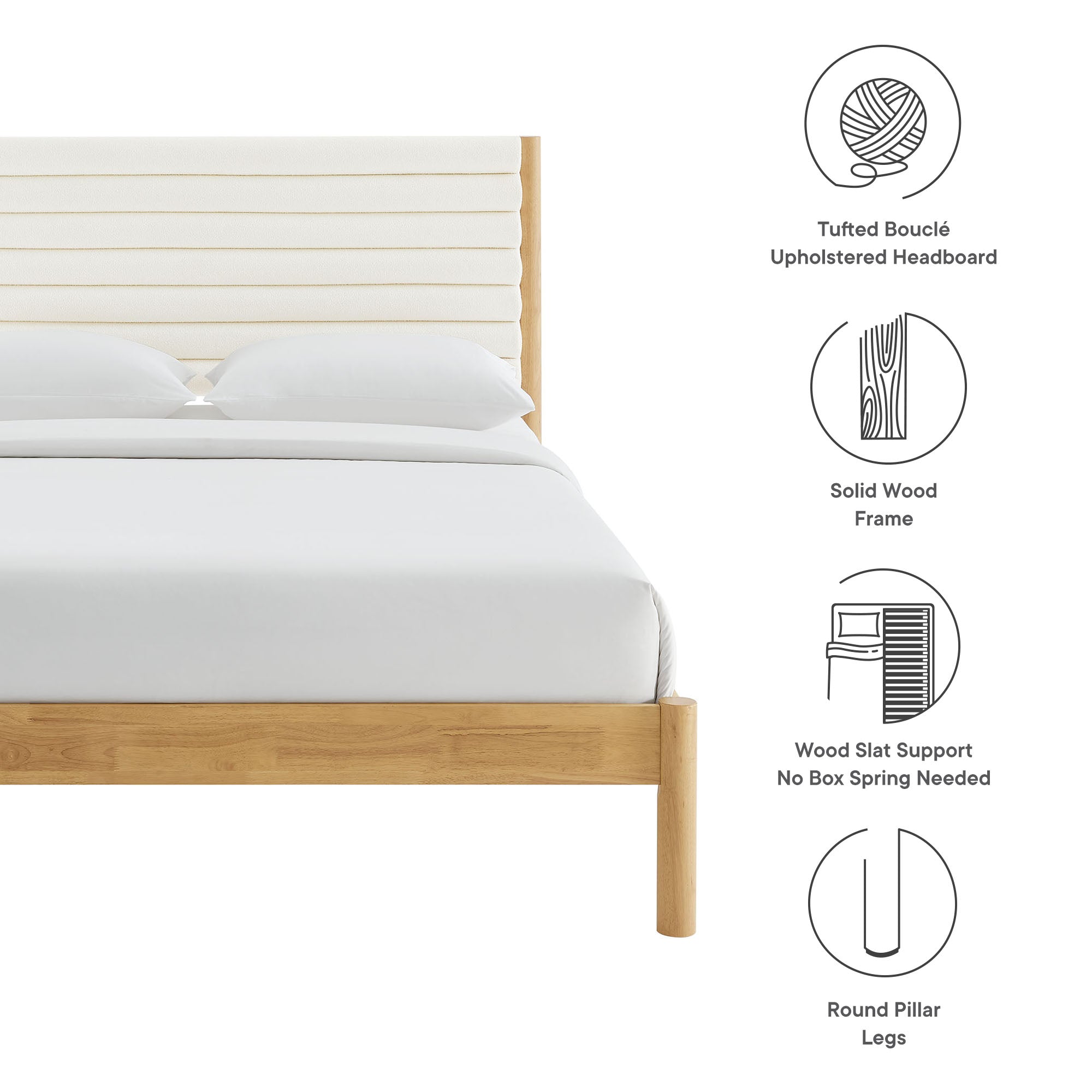 Olea Channel Tufted Boucle Solid Wood Queen Platform Bed, Feather Oak