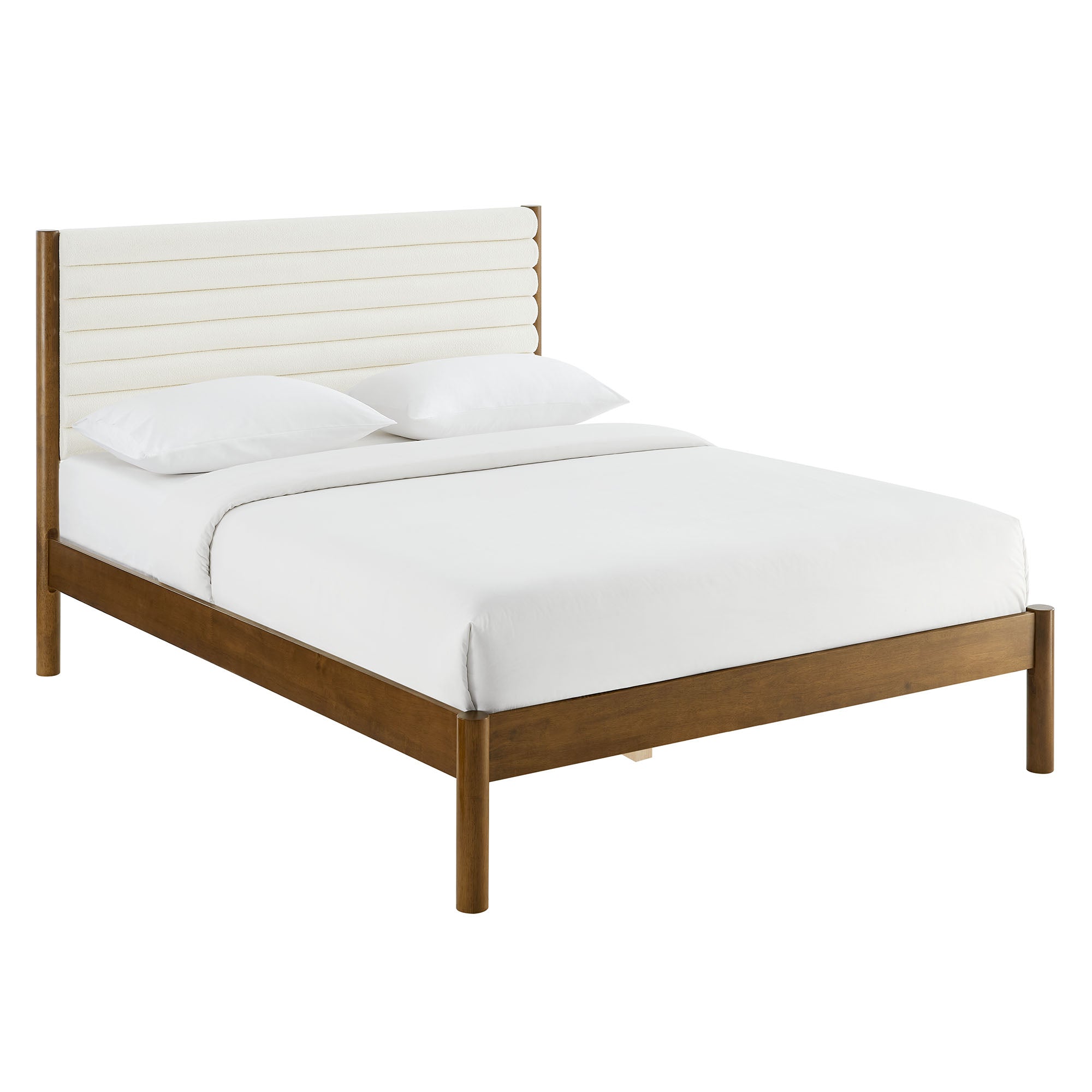 Olea Channel Tufted Boucle Solid Wood Queen Platform Bed, Feather Walnut
