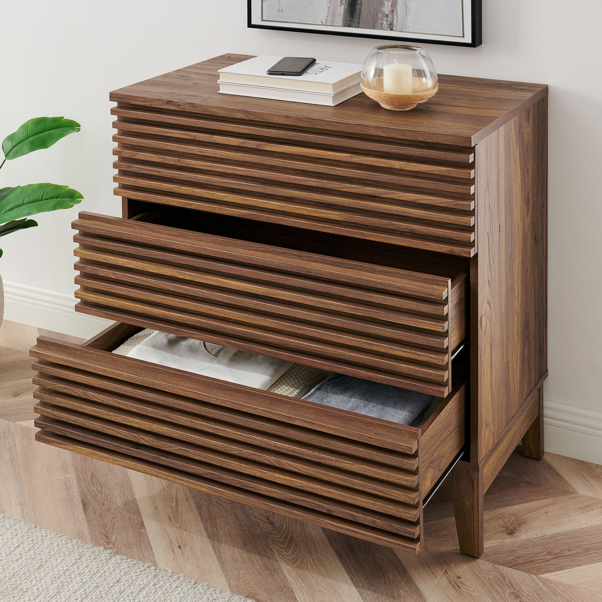 Render Large 3-Drawer Nightstand, Walnut