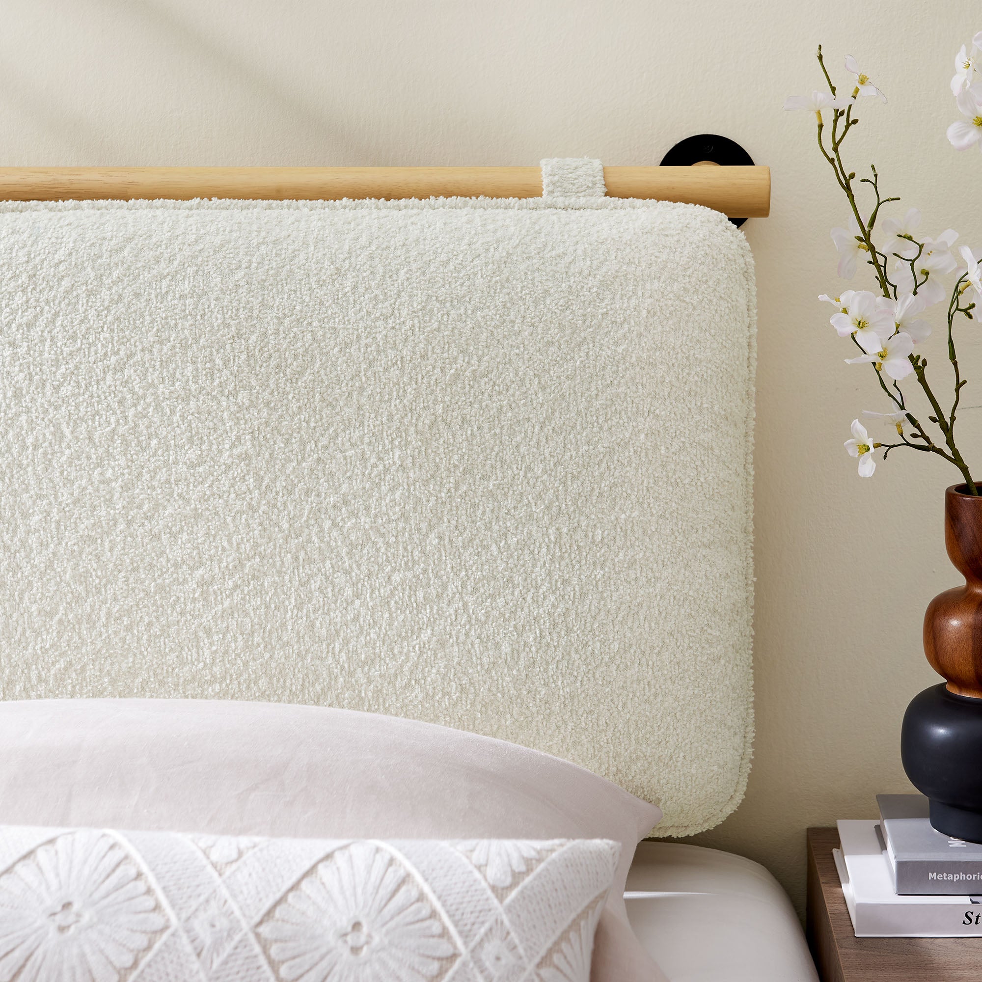 Anela Wall-Mounted Chenille Upholstered Twin Headboard, Cream Natural