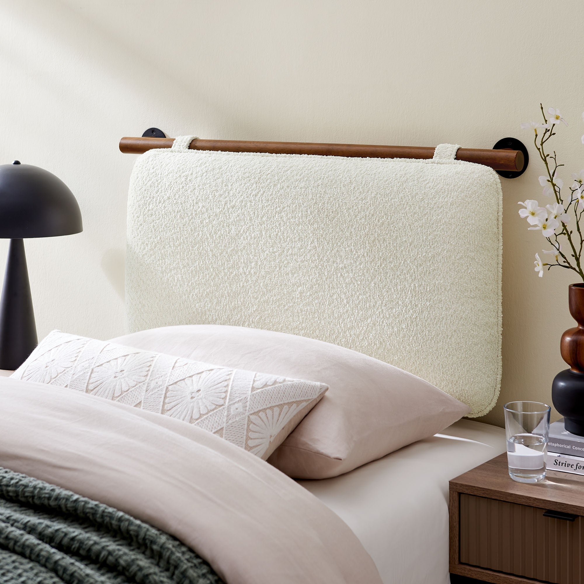 Anela Wall-Mounted Chenille Upholstered Twin Headboard, Cream Walnut
