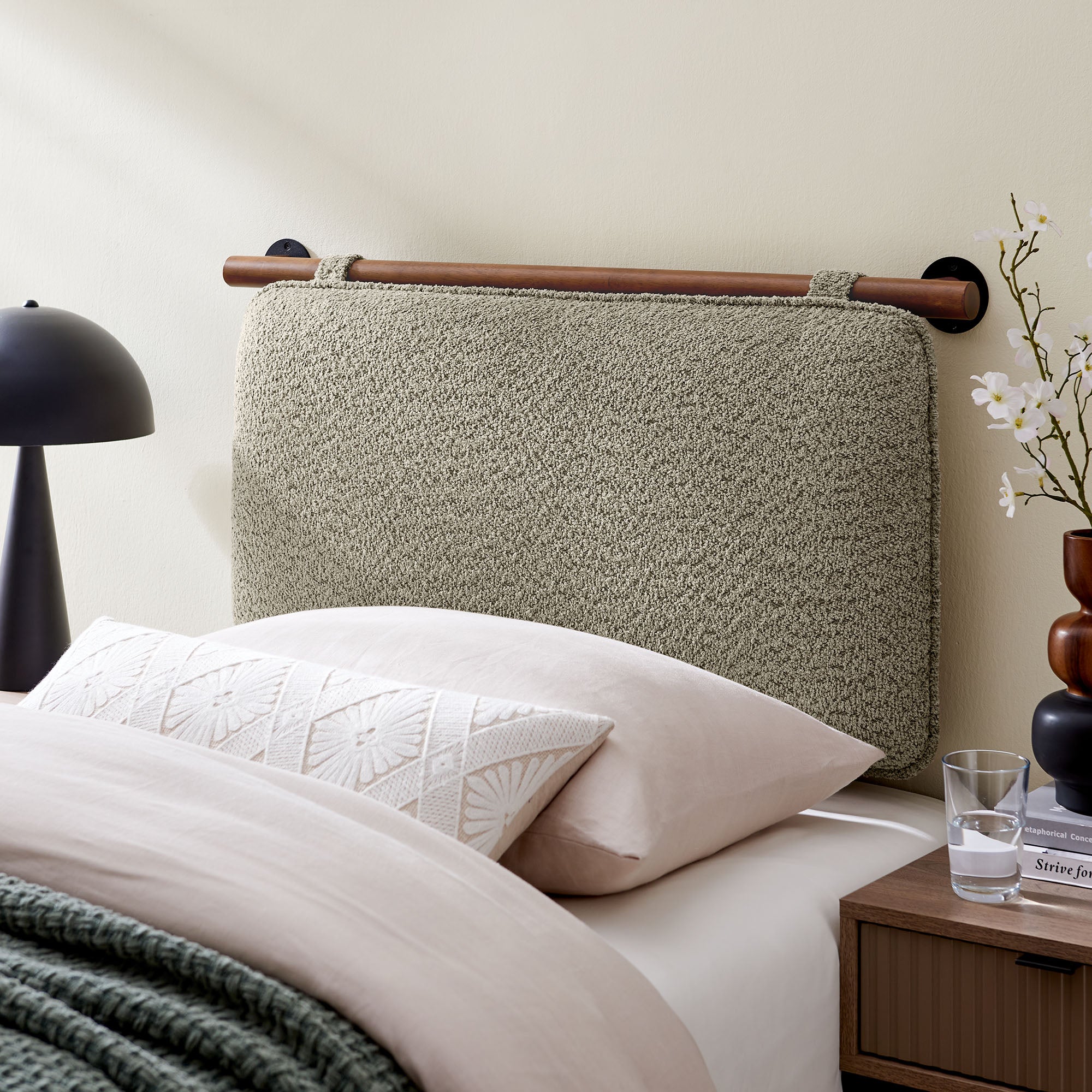Anela Wall-Mounted Chenille Upholstered Twin Headboard, Oat Walnut