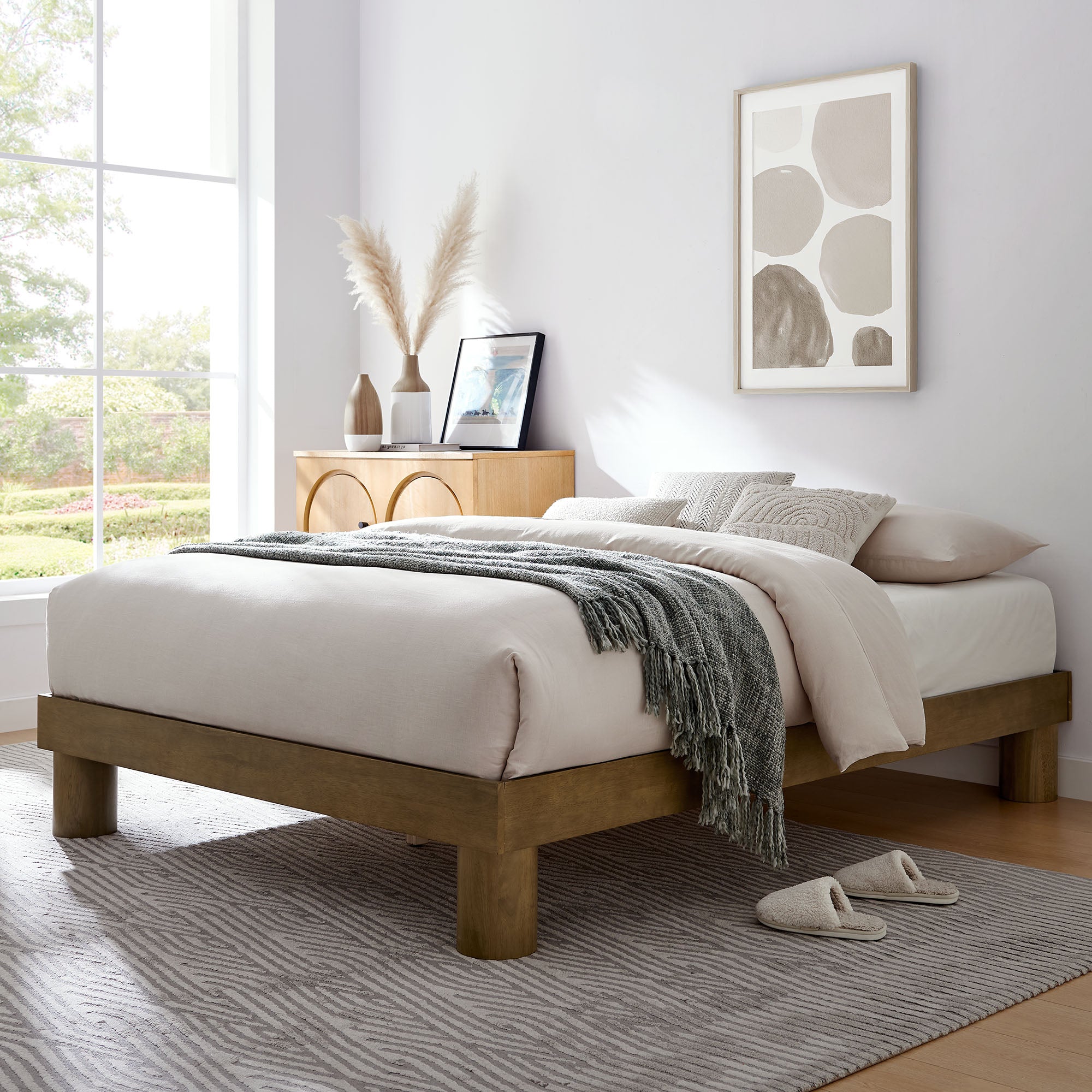 Runa Wood Full Platform Bed, French Oak