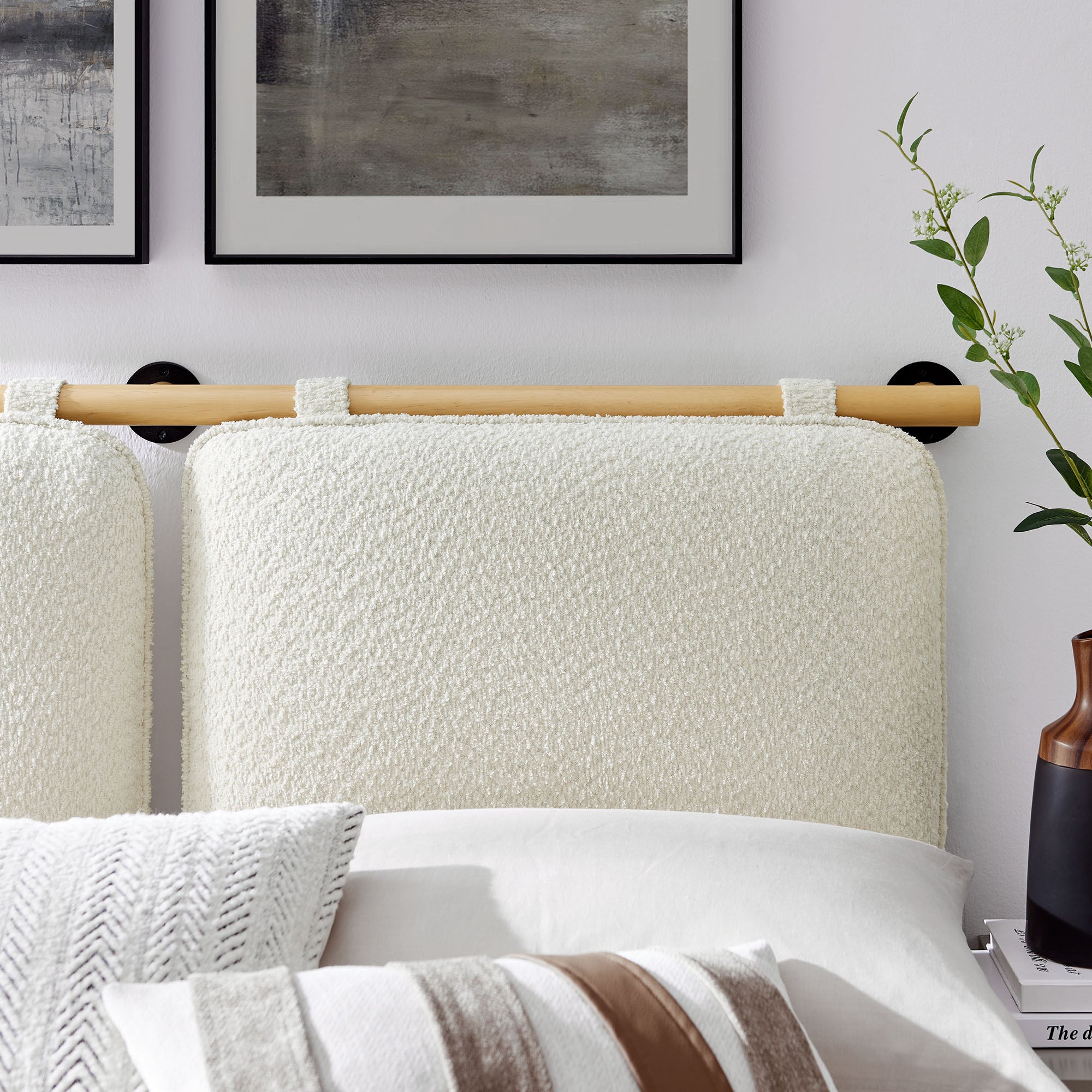 Anela Wall-Mounted Chenille Upholstered Queen Headboard, Cream Natural