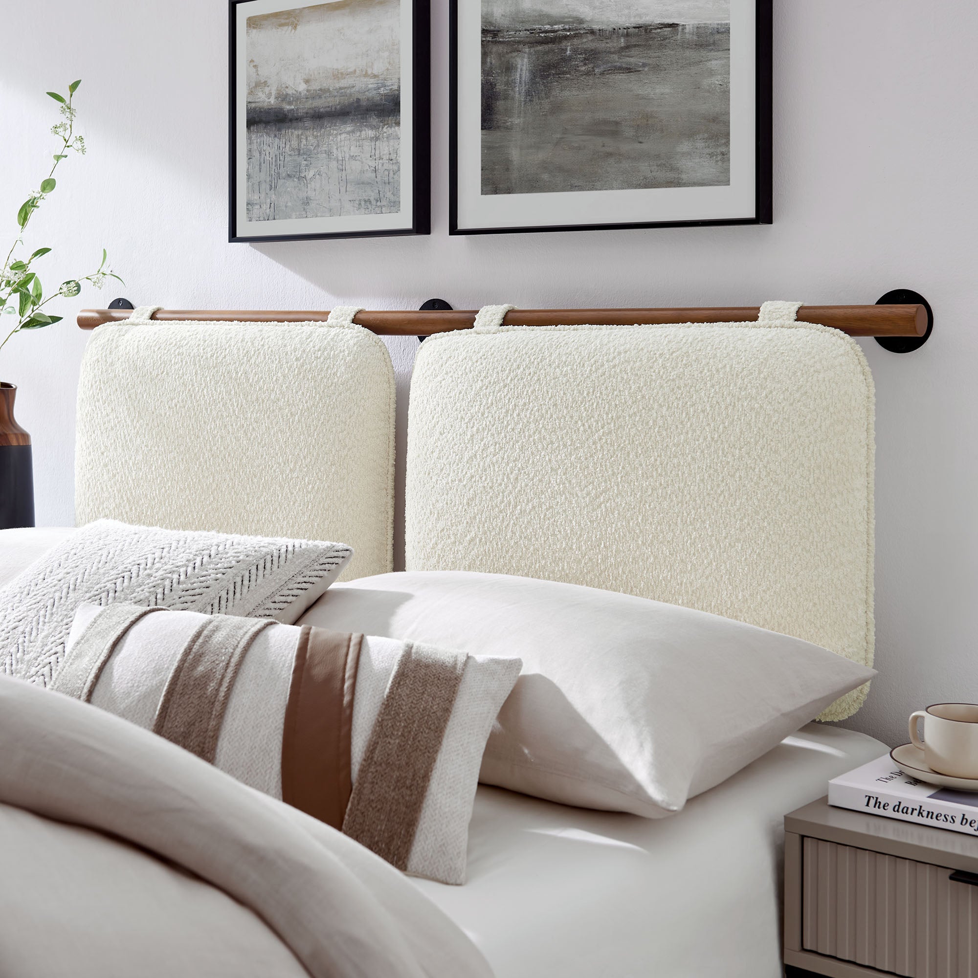 Anela Wall-Mounted Chenille Upholstered King Size Headboard, Cream Walnut