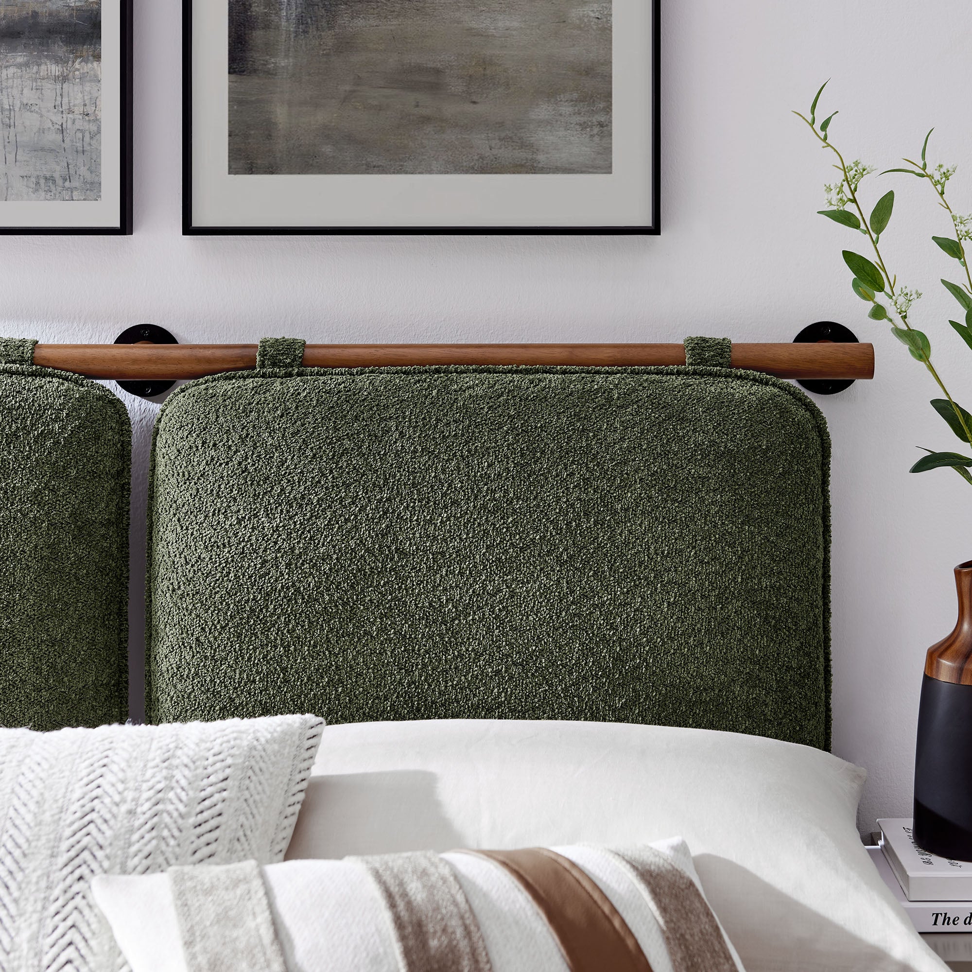 Anela Wall-Mounted Chenille Upholstered King Size Headboard, Sage Walnut