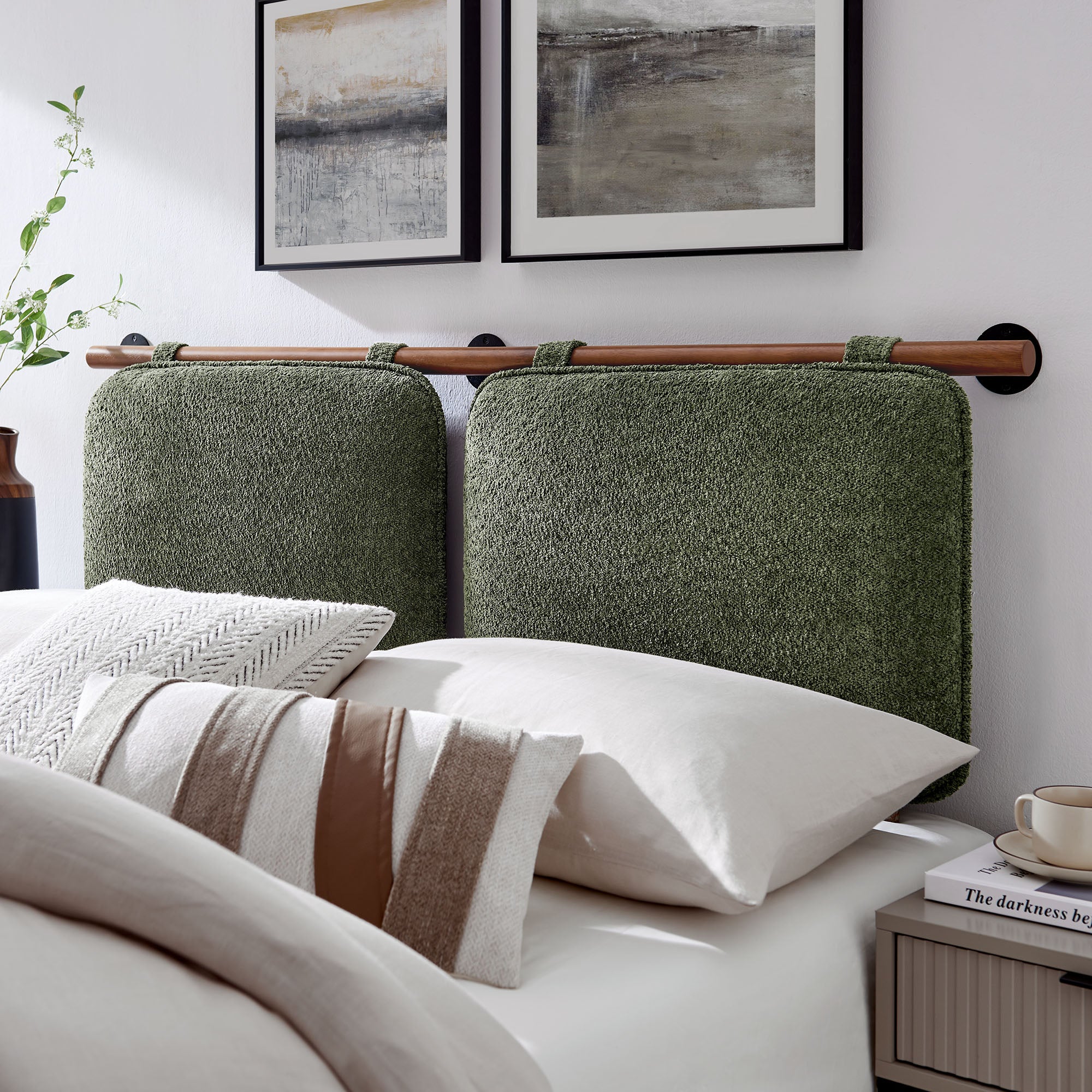 Anela Wall-Mounted Chenille Upholstered King Size Headboard, Sage Walnut