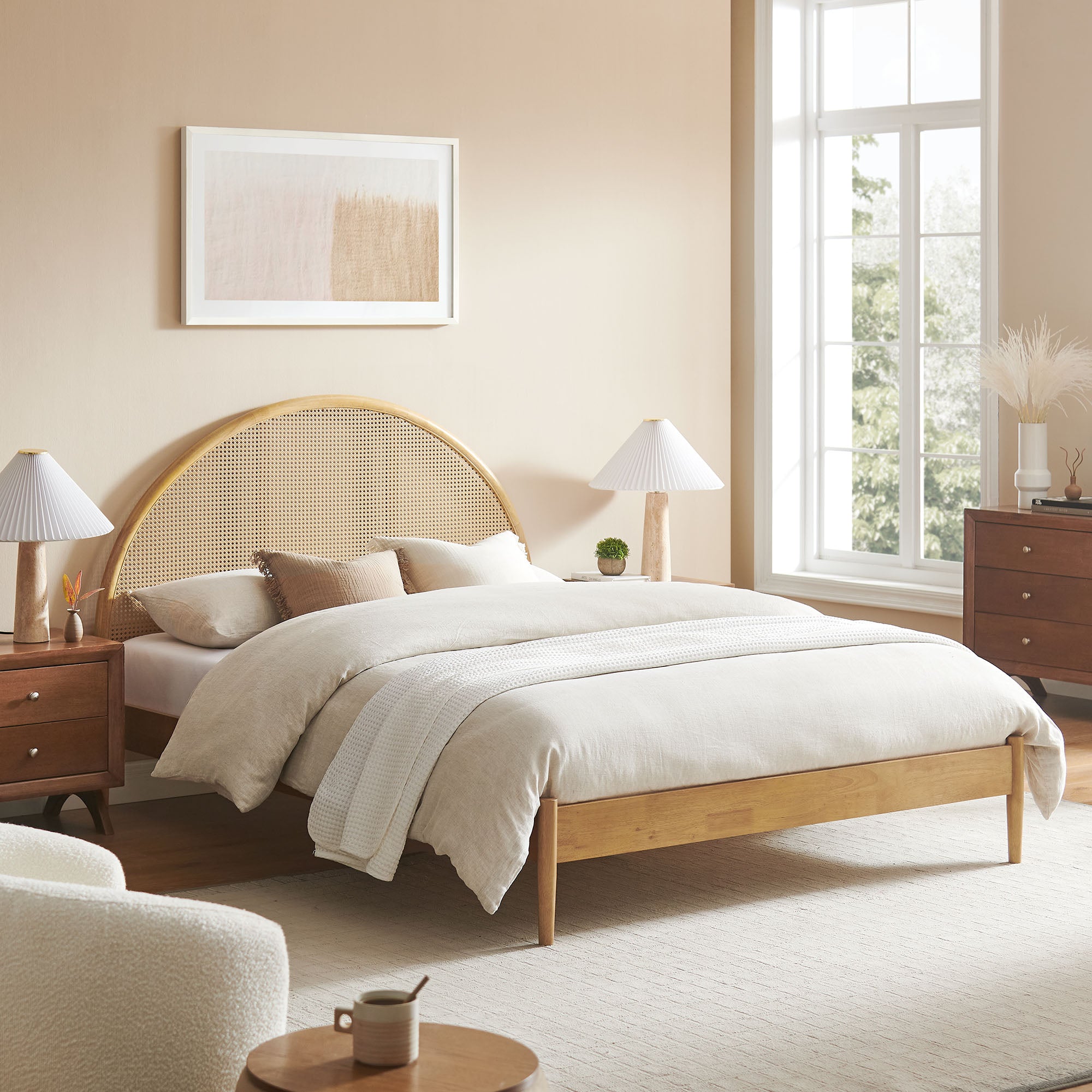 Odette Queen Arched Rattan Cane Platform Bed, Oak