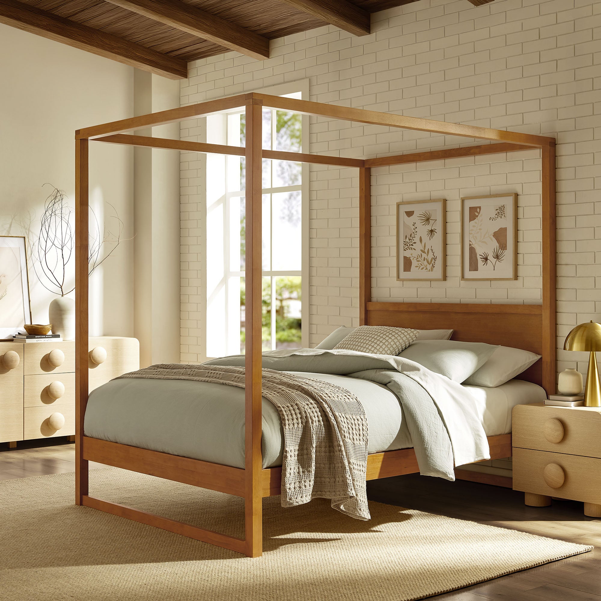 Alva Queen Wood Canopy Platform Bed, Oak