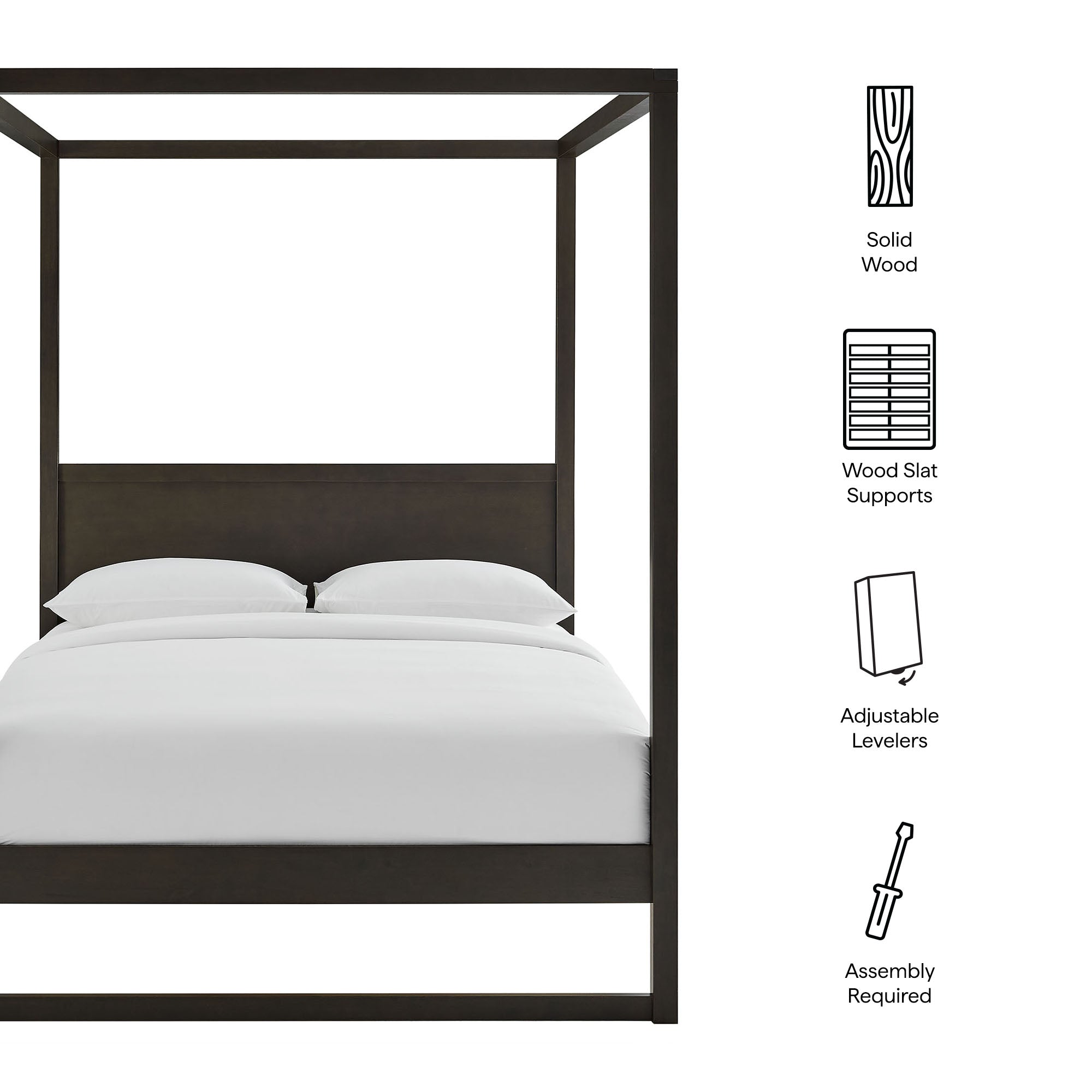 Alva King Wood Canopy Platform Bed, Smoked Oak