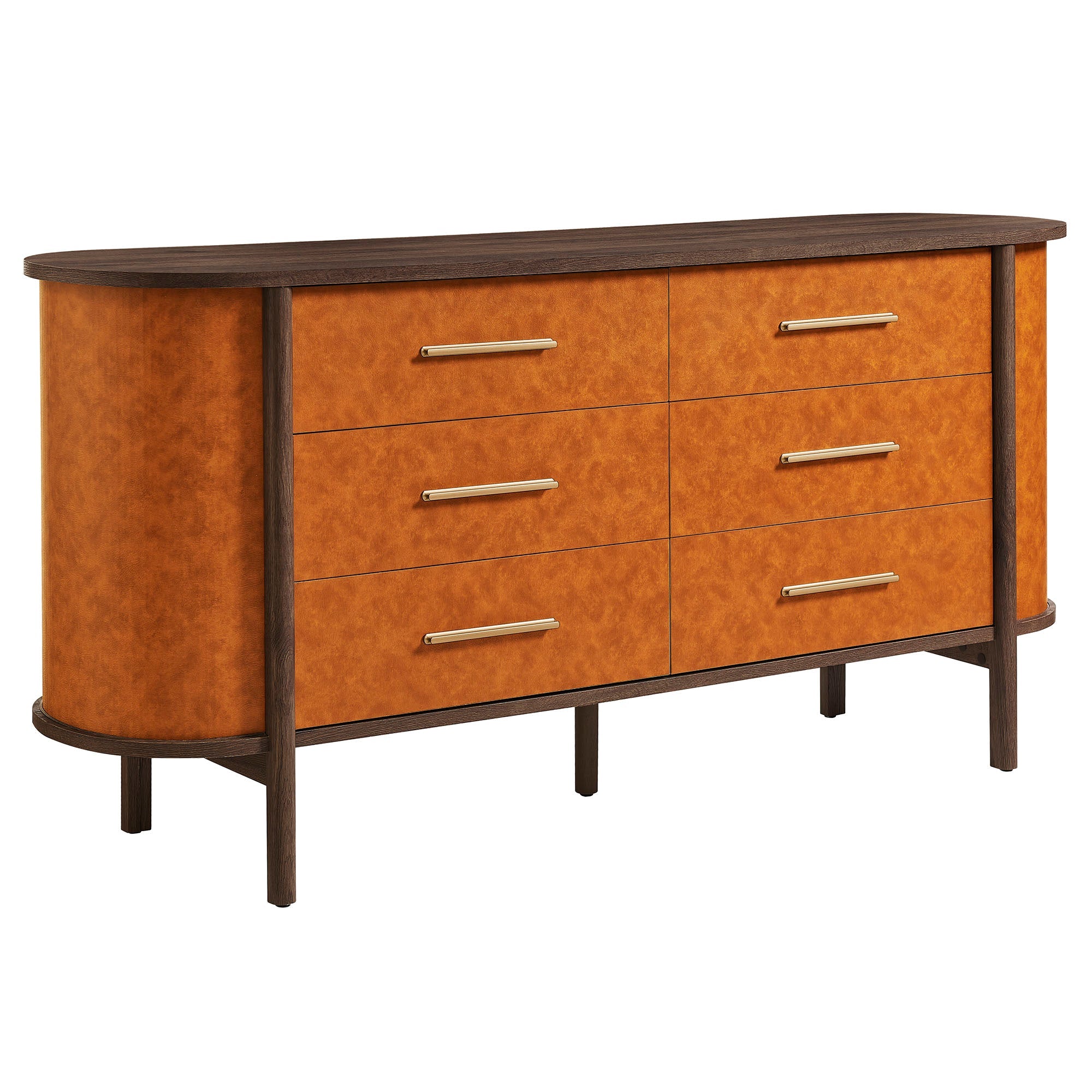 Coralie Curved 6-Drawer Vegan Leather Oval Dresser, Walnut Tan