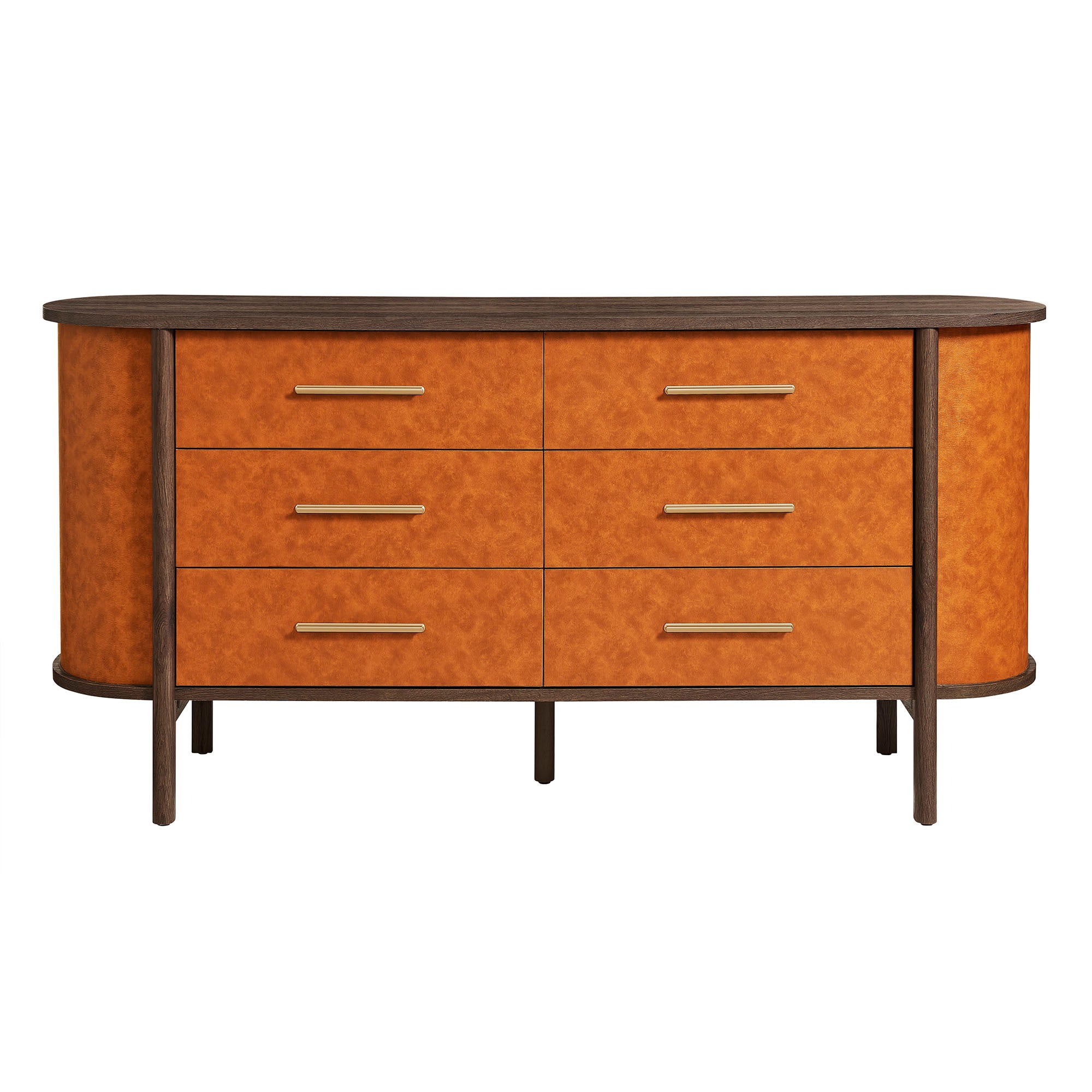 Coralie Curved 6-Drawer Vegan Leather Oval Dresser, Walnut Tan