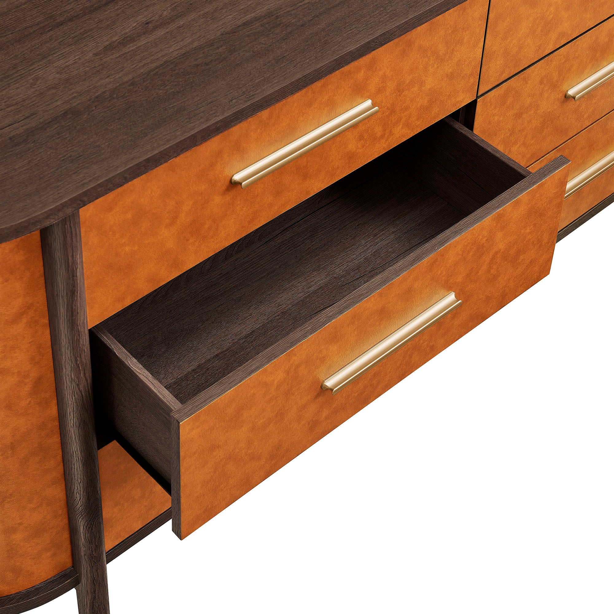 Coralie Curved 6-Drawer Vegan Leather Oval Dresser, Walnut Tan
