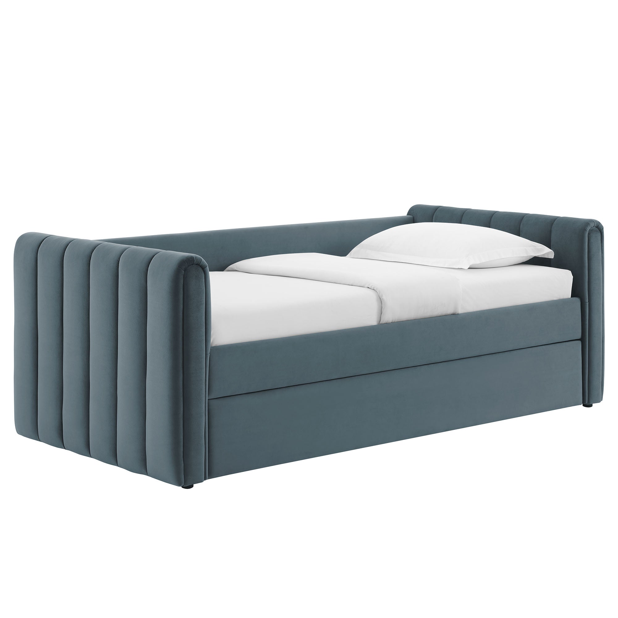 Veyla Channel Tufted Performance Velvet Twin Daybed With Trundle, Cadet Blue