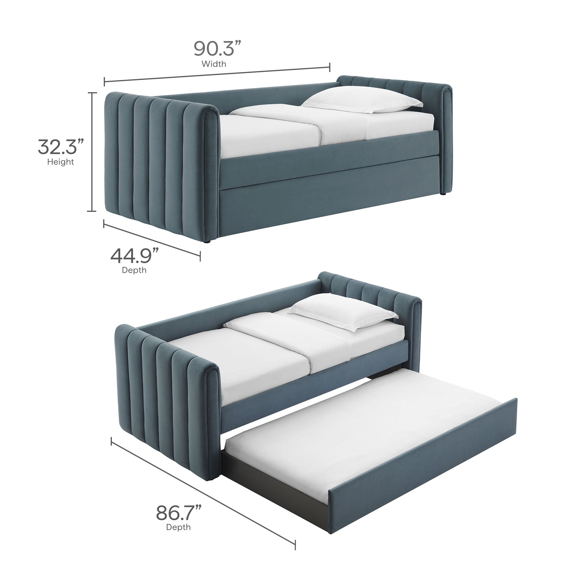 Veyla Channel Tufted Performance Velvet Twin Daybed With Trundle, Cadet Blue