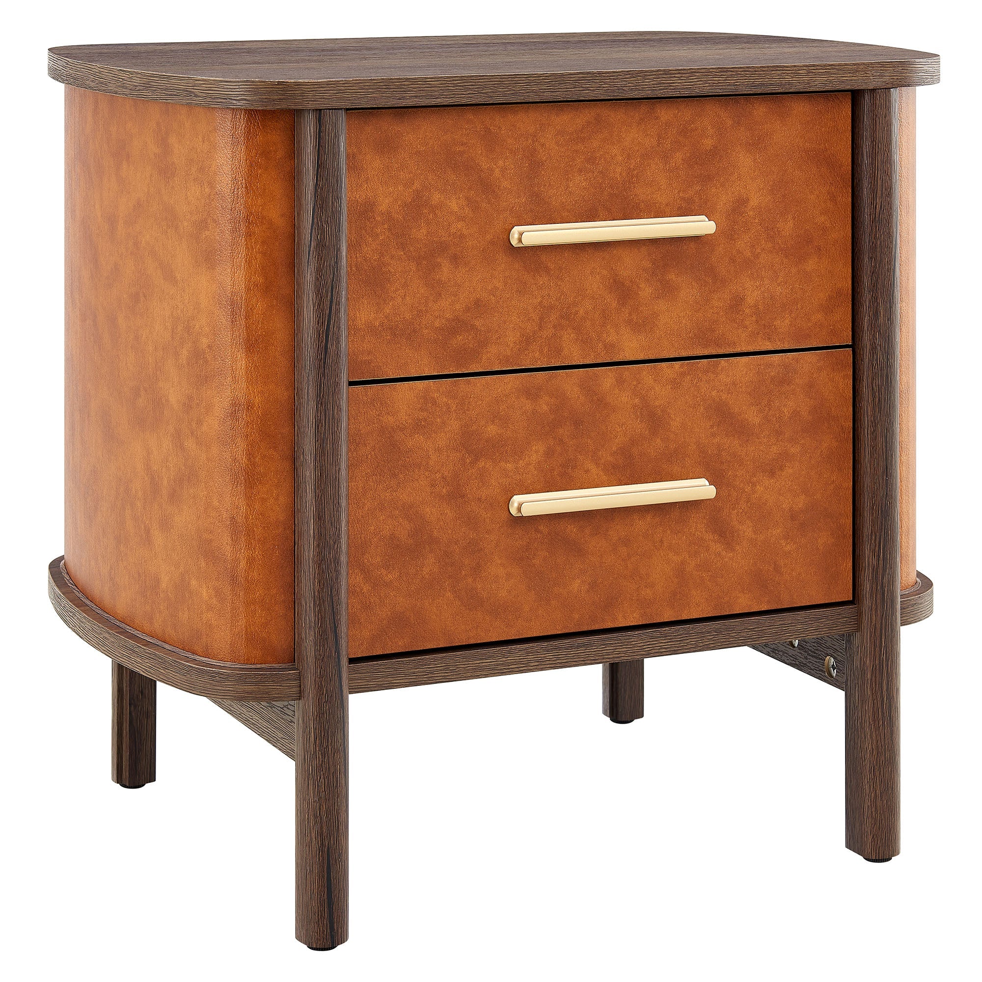 Coralie 2-Drawer Curved Vegan Leather Nightstand, Walnut Tan