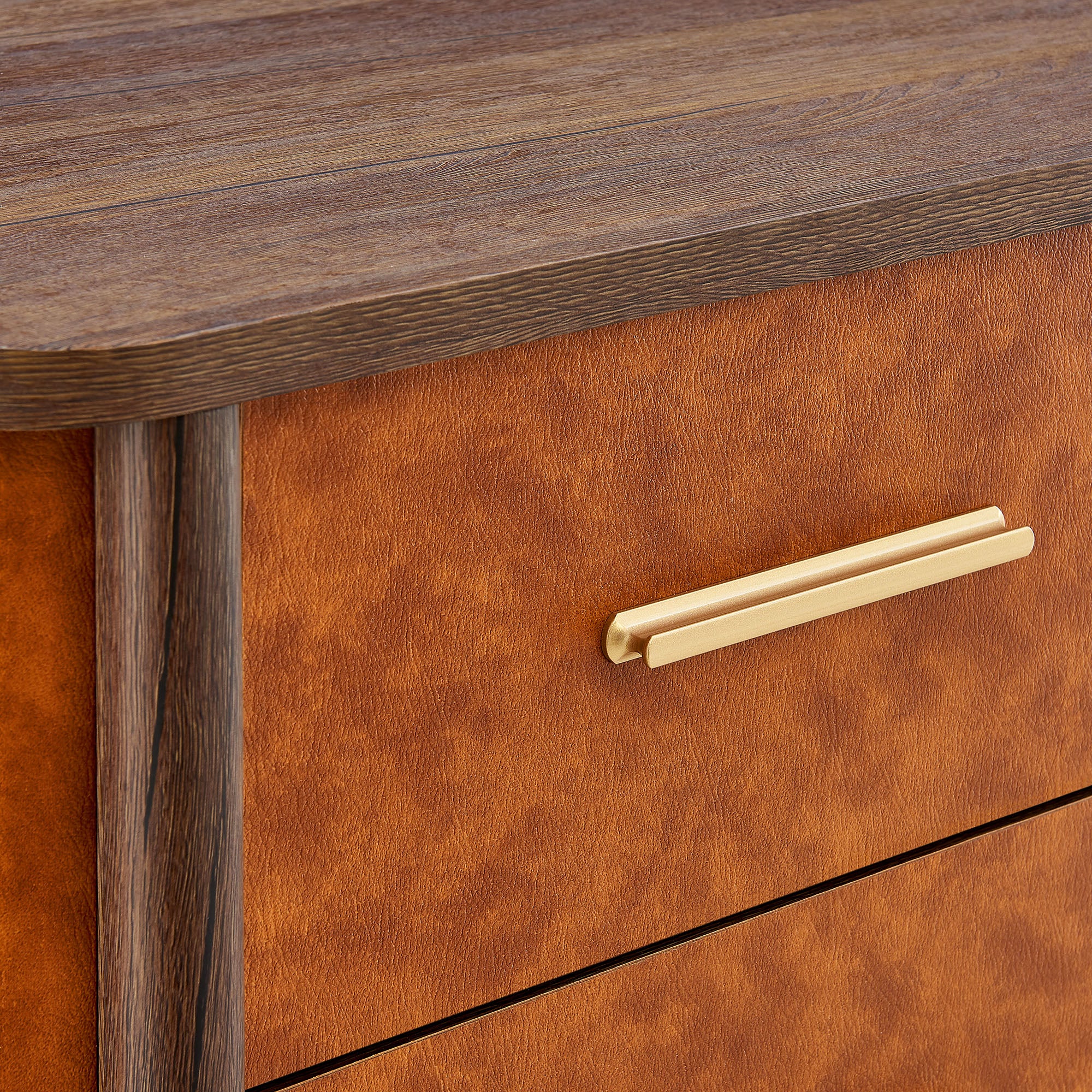 Coralie 2-Drawer Curved Vegan Leather Nightstand, Walnut Tan