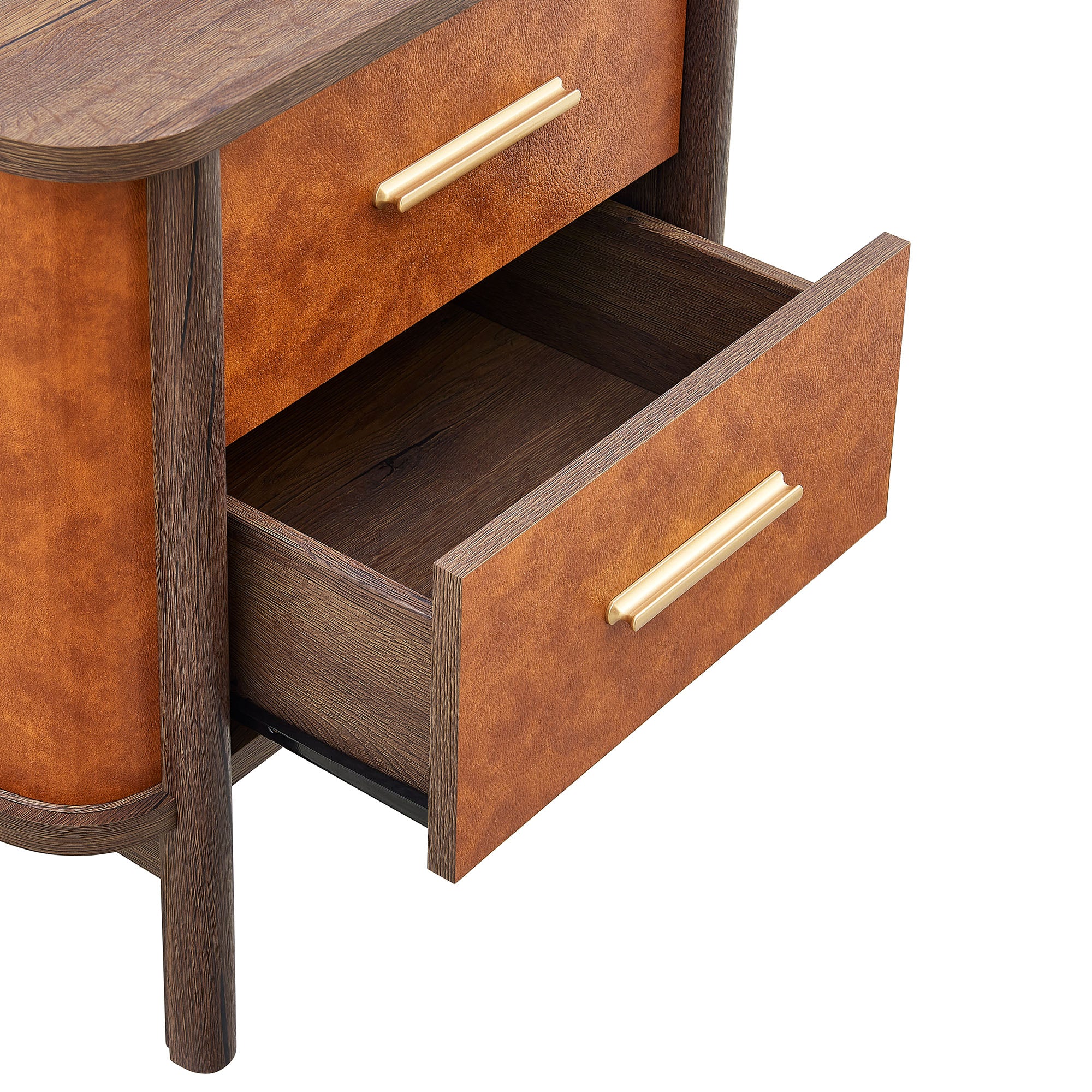 Coralie 2-Drawer Curved Vegan Leather Nightstand, Walnut Tan