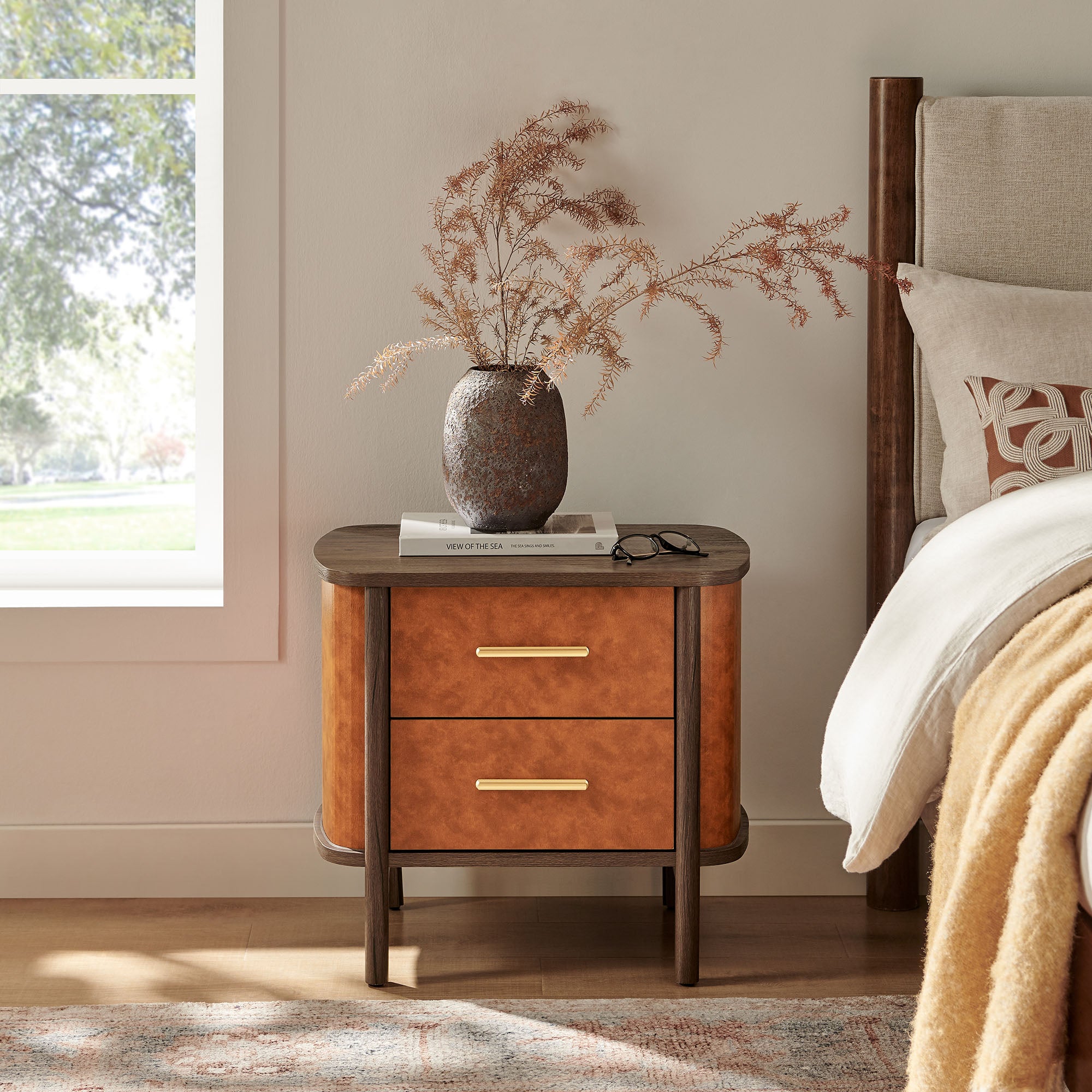 Coralie 2-Drawer Curved Vegan Leather Nightstand, Walnut Tan