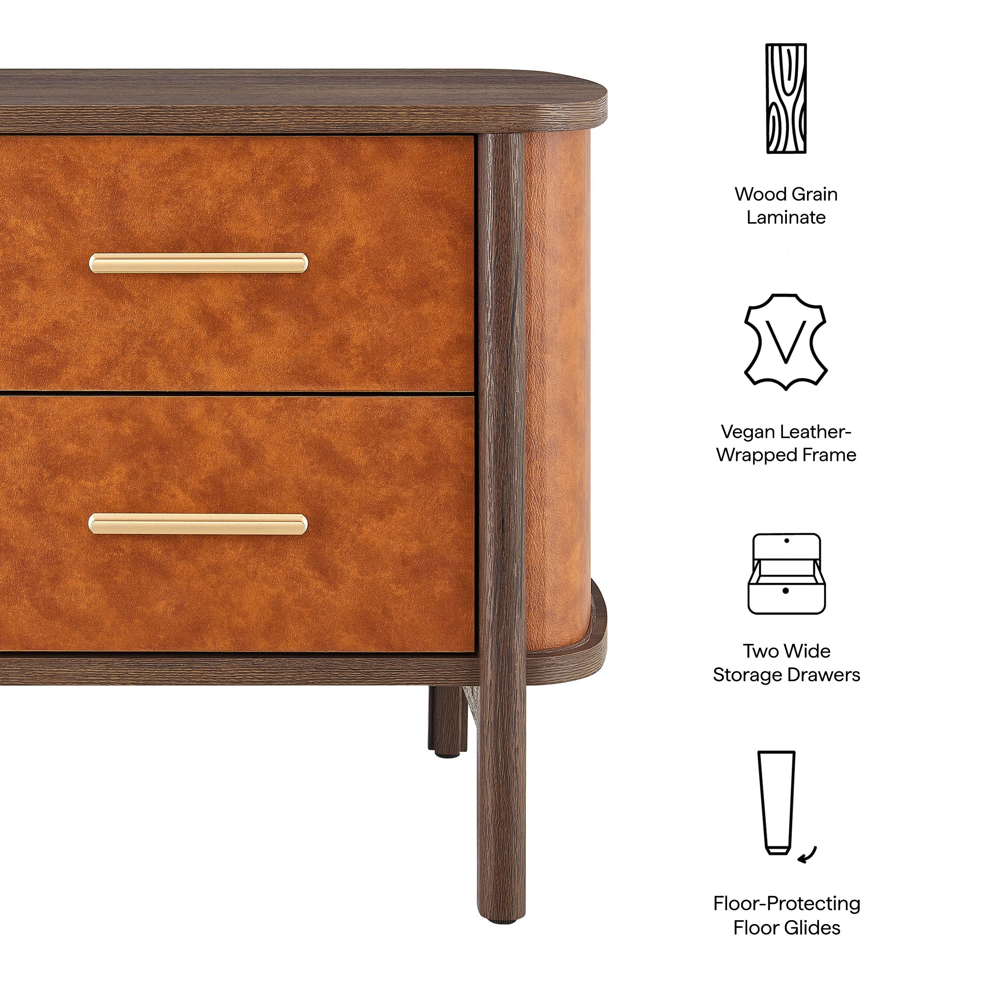 Coralie 2-Drawer Curved Vegan Leather Nightstand, Walnut Tan