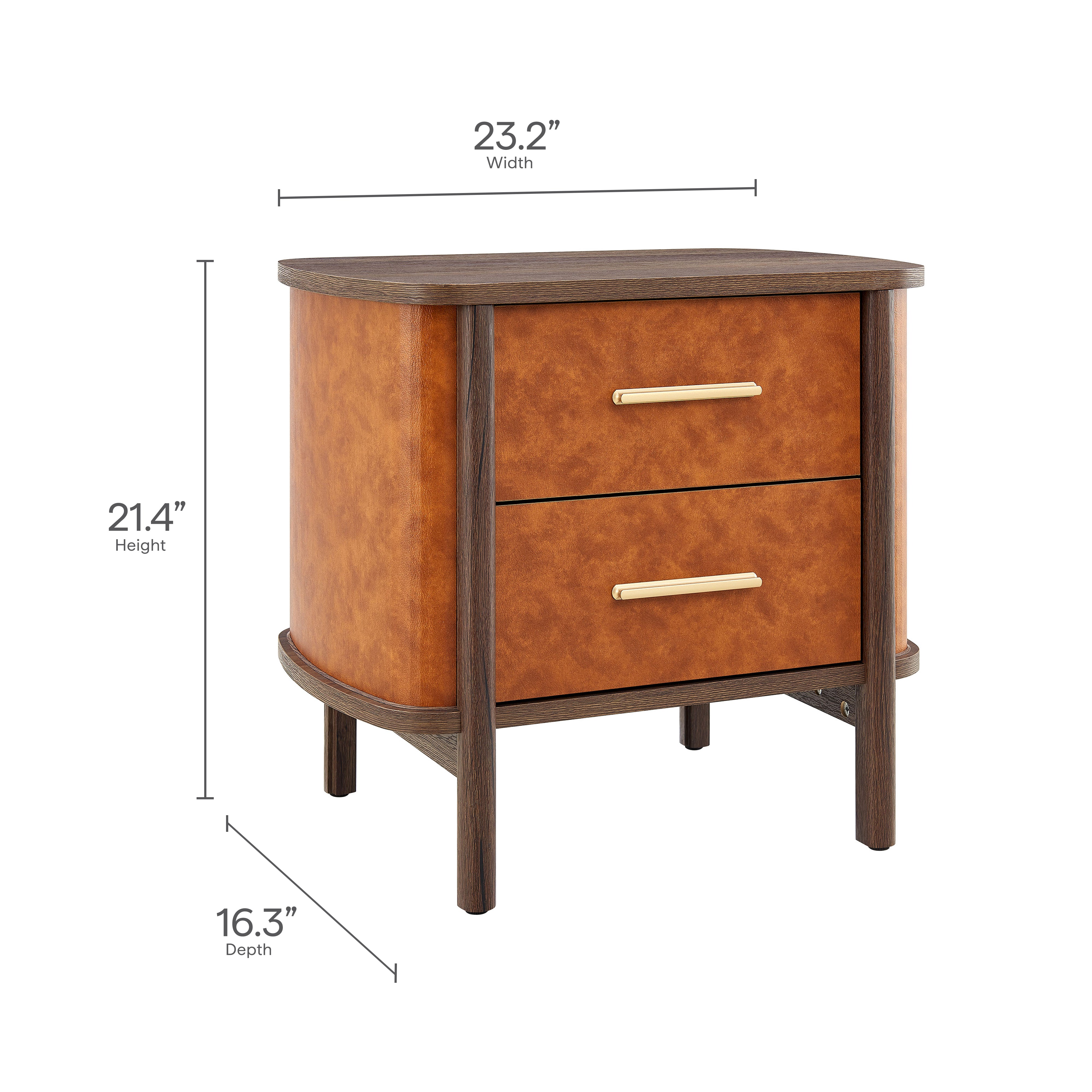 Coralie 2-Drawer Curved Vegan Leather Nightstand, Walnut Tan