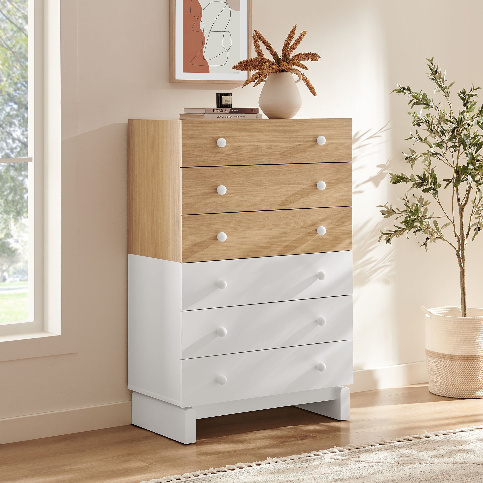 Nolia 6-Drawer Color Block Dresser Chest, Oak White