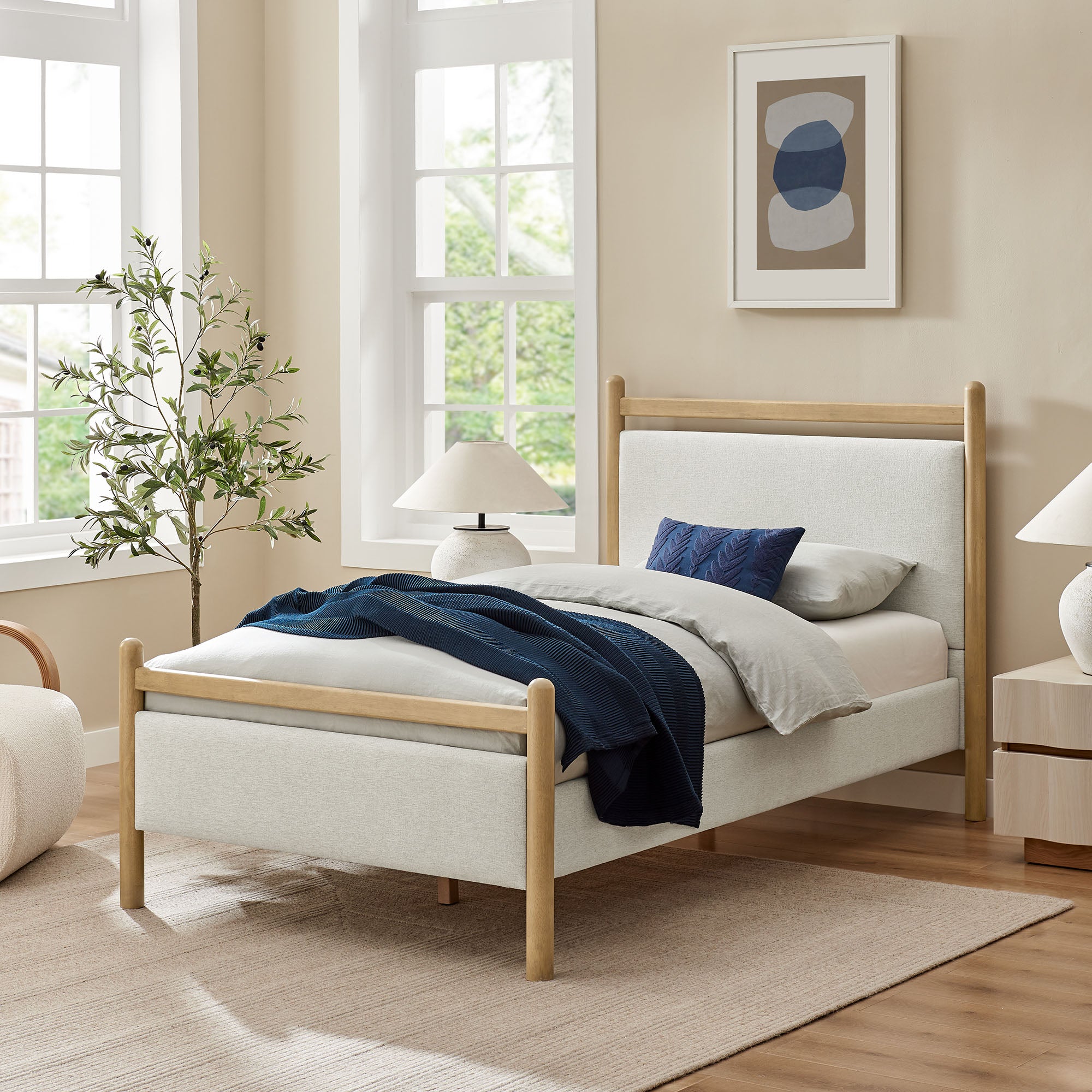 Ginny Twin Size Platform Bed Frame, Light Oak Heathered Ivory