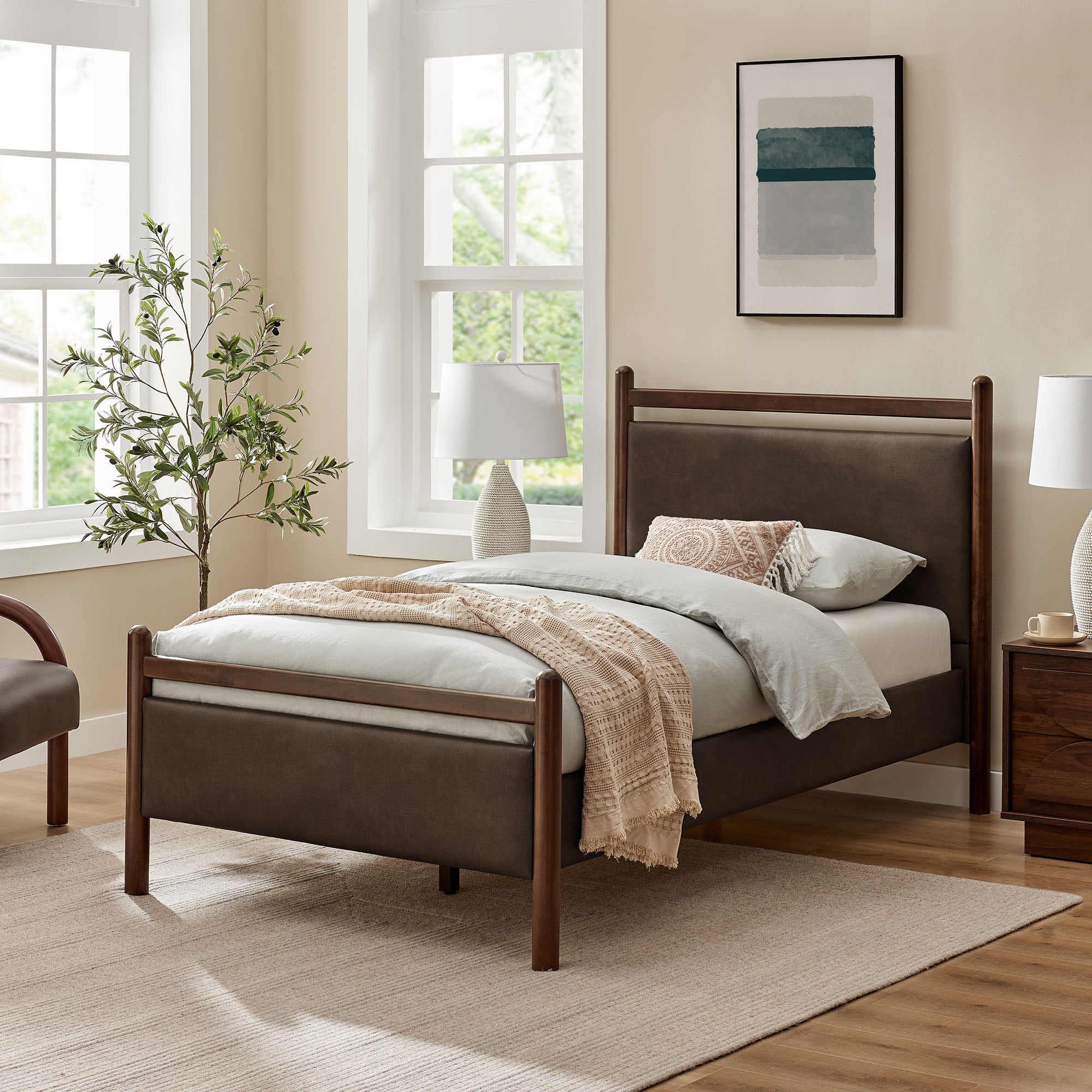 Ginny Twin Size Vegan Leather Platform Bed Frame, Wenge Mushroom