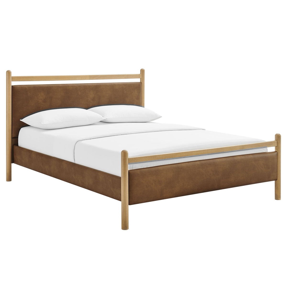 Ginny Queen Size Vegan Leather Platform Bed Frame, Light Oak Canyon