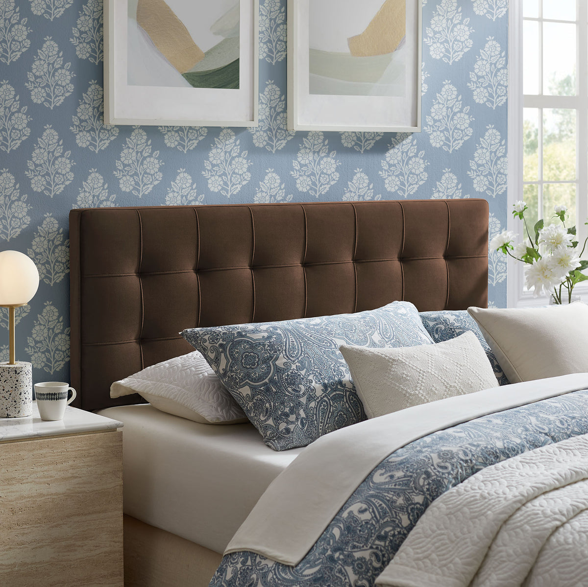 Lily Stain-Resistant Performance Velvet Queen Size Headboard, Chocolate Brown