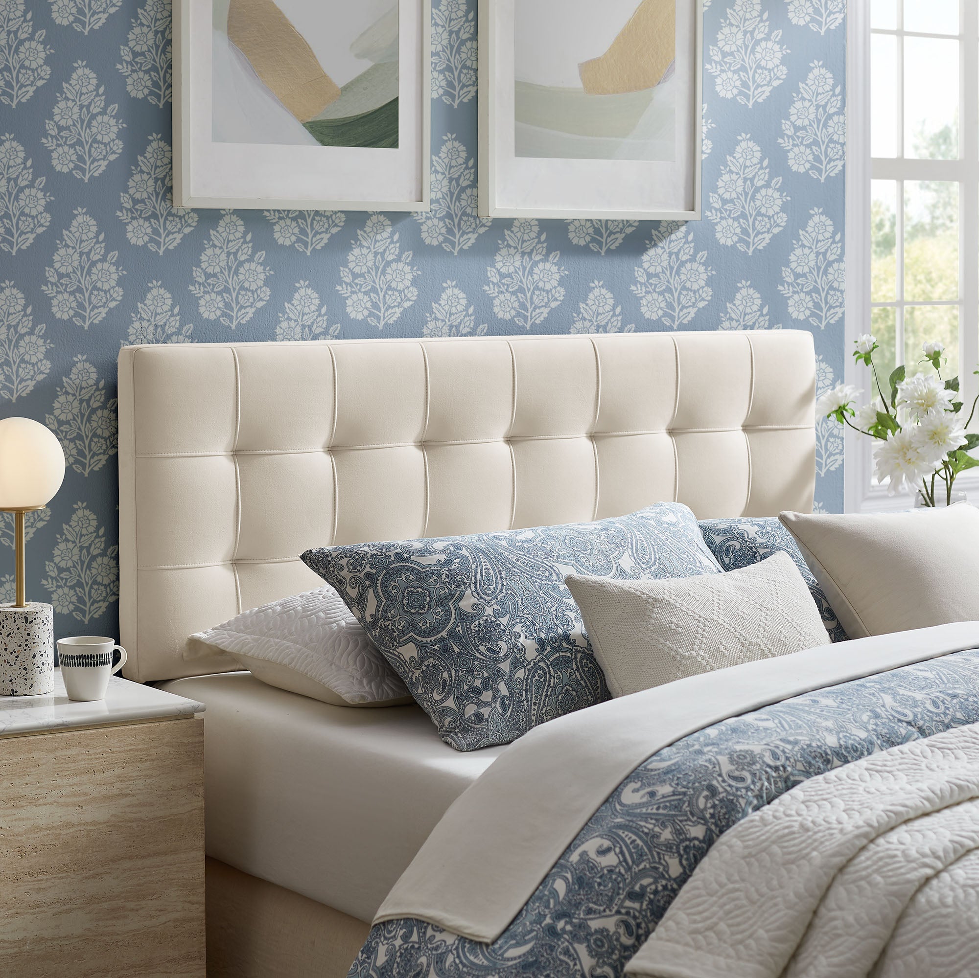 Lily Stain-Resistant Performance Velvet King Size Headboard, Alabaster