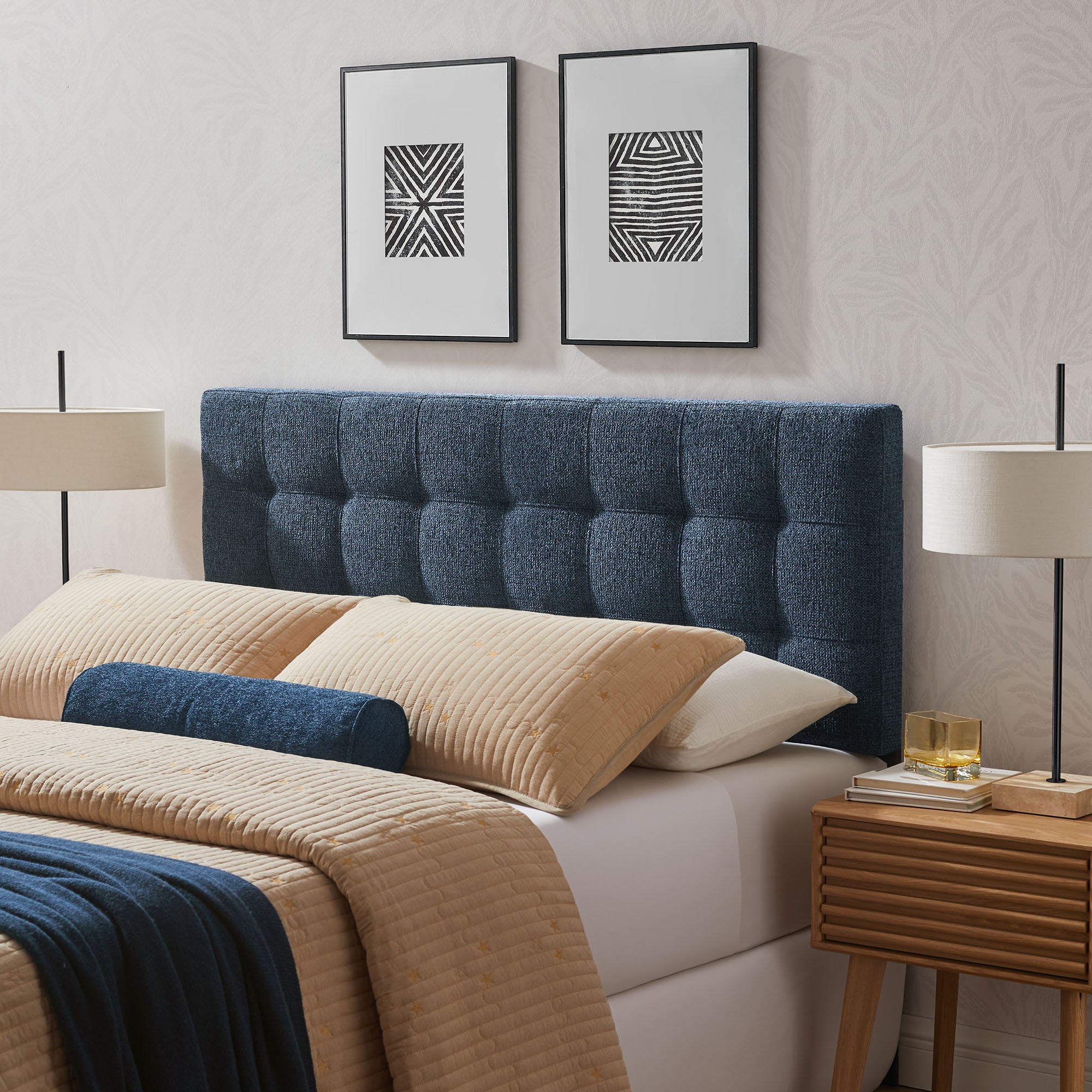 Lily Upholstered Queen Size Headboard, Navy Chenille