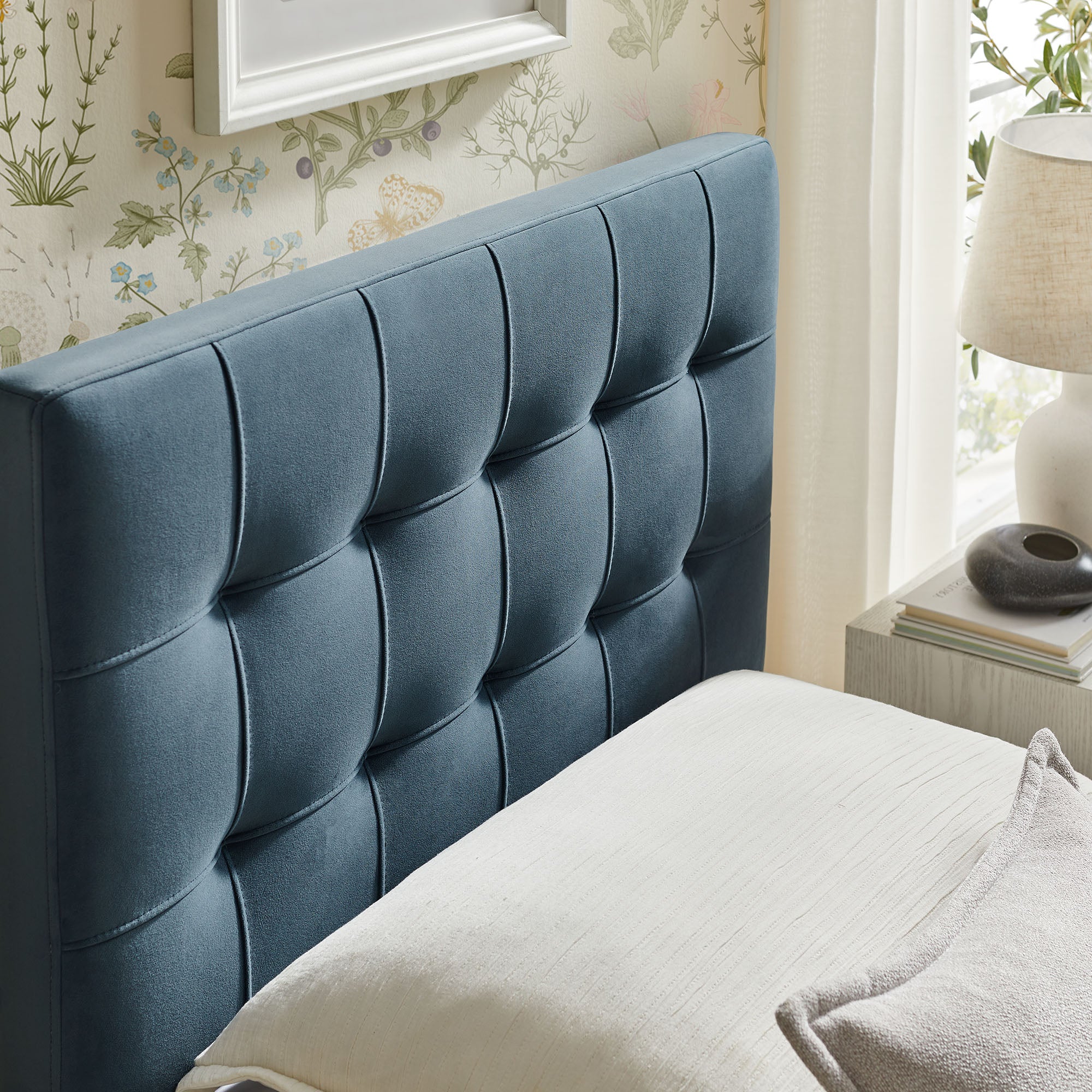 Lily Stain-Resistant Performance Velvet Twin Size Headboard, Cadet Blue