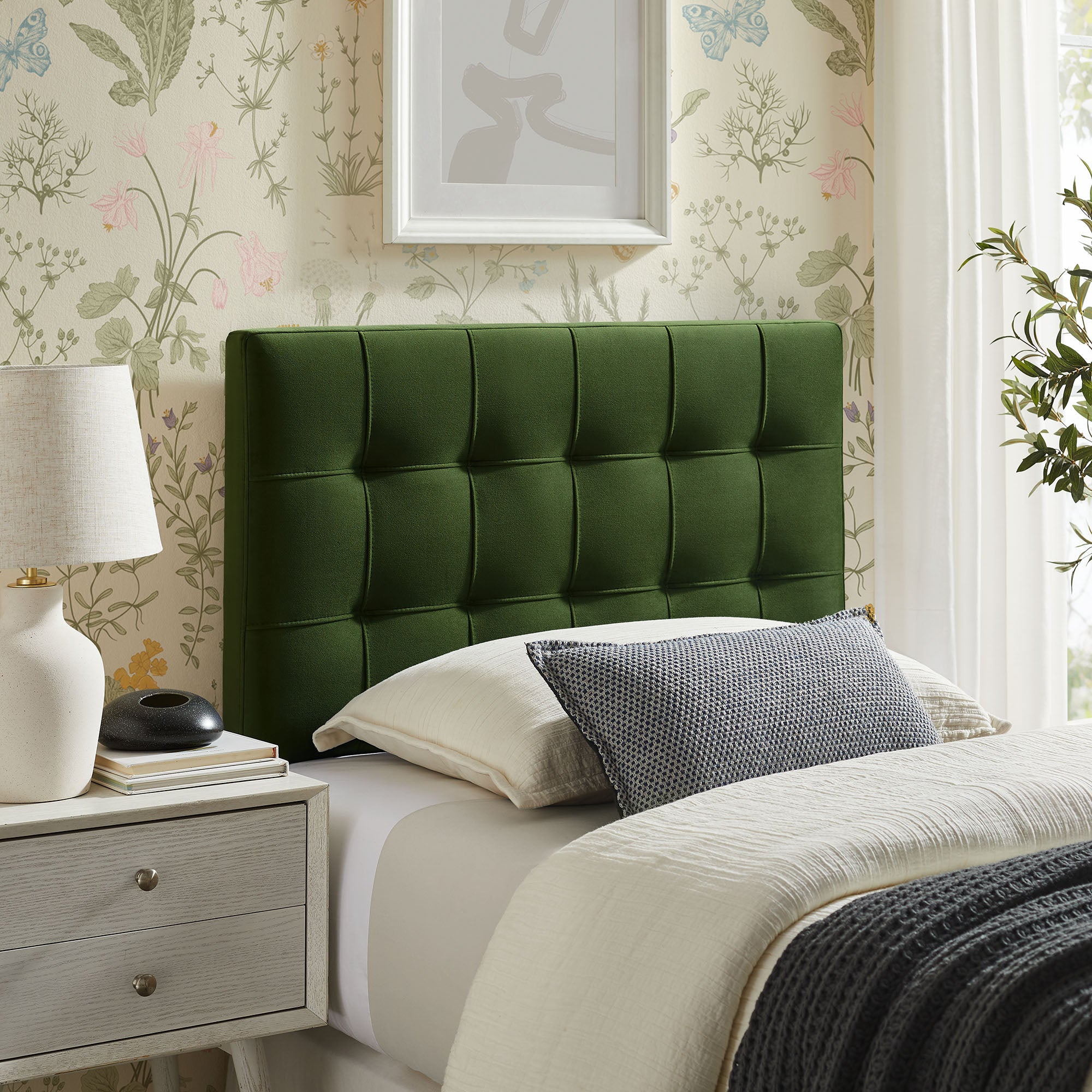 Lily Stain-Resistant Performance Velvet Twin Size Headboard, Moss Green