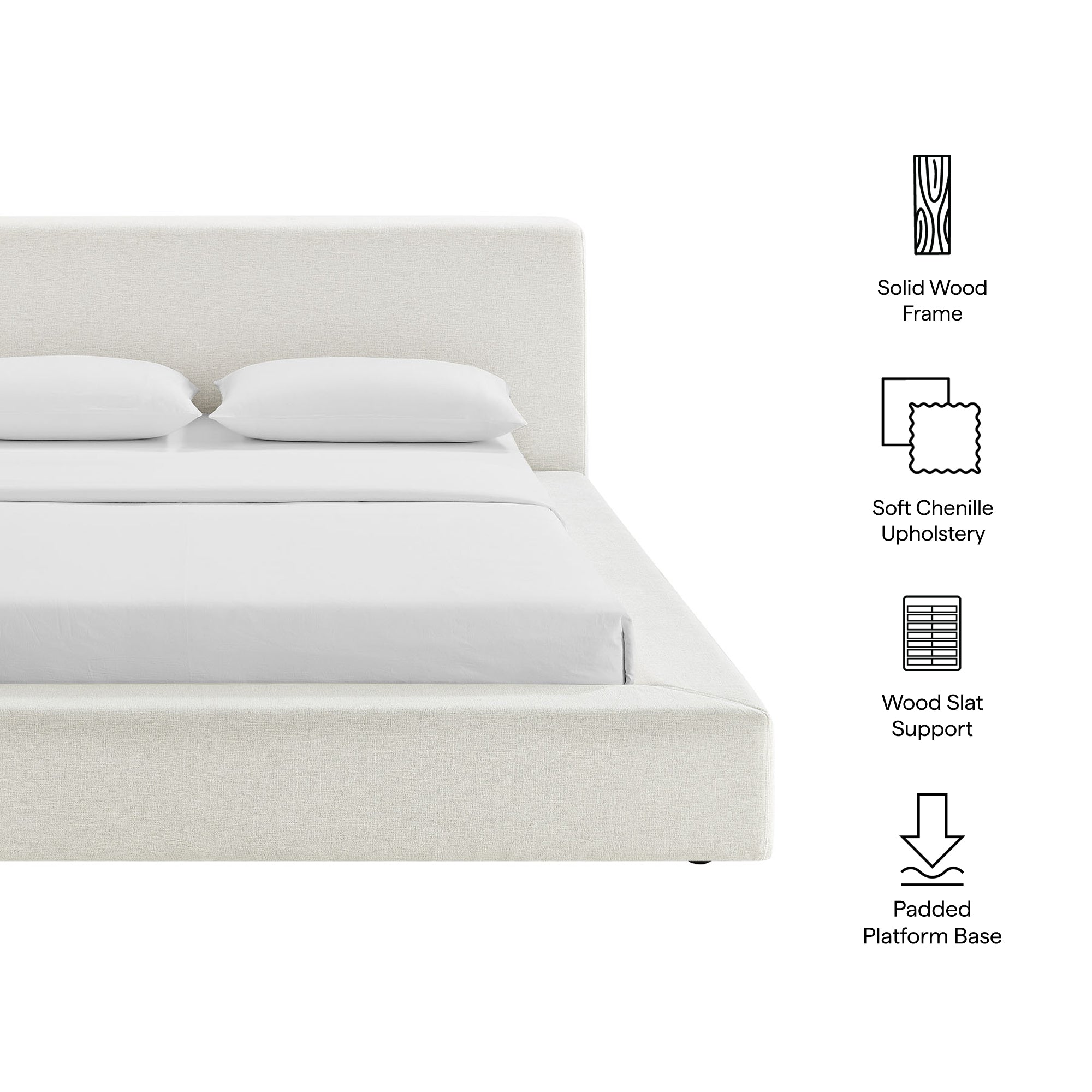 Luma Chenille Upholstered Queen Platform Bed Frame, Ivory Fabric