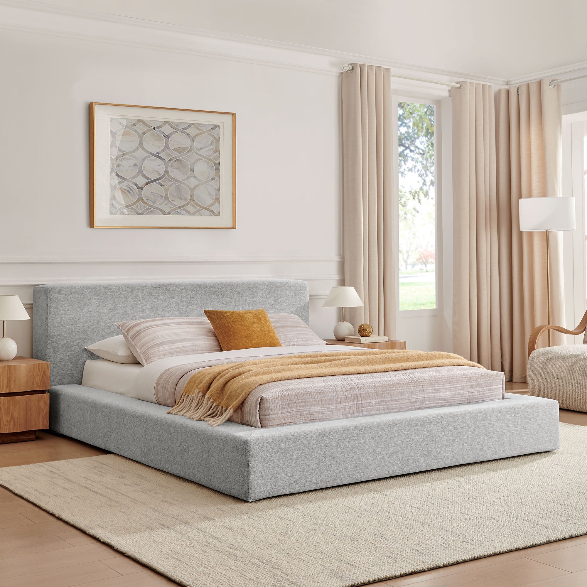 Luma Chenille Upholstered Queen Platform Bed Frame, Light Gray Fabric