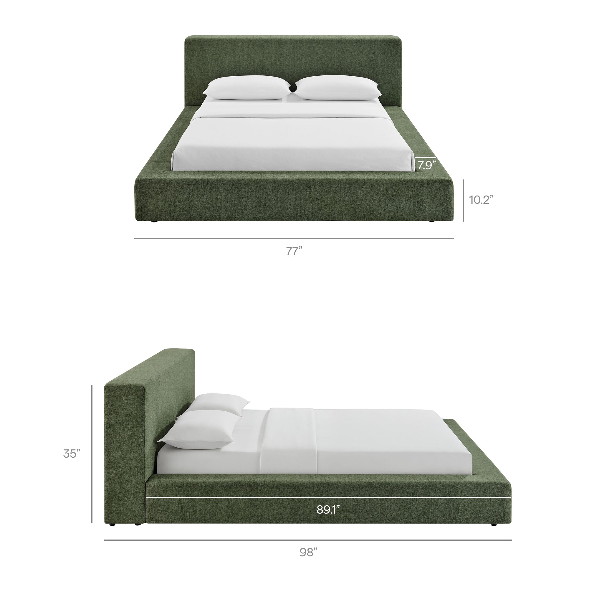 Luma Chenille Upholstered Queen Platform Bed Frame, Eucalyptus