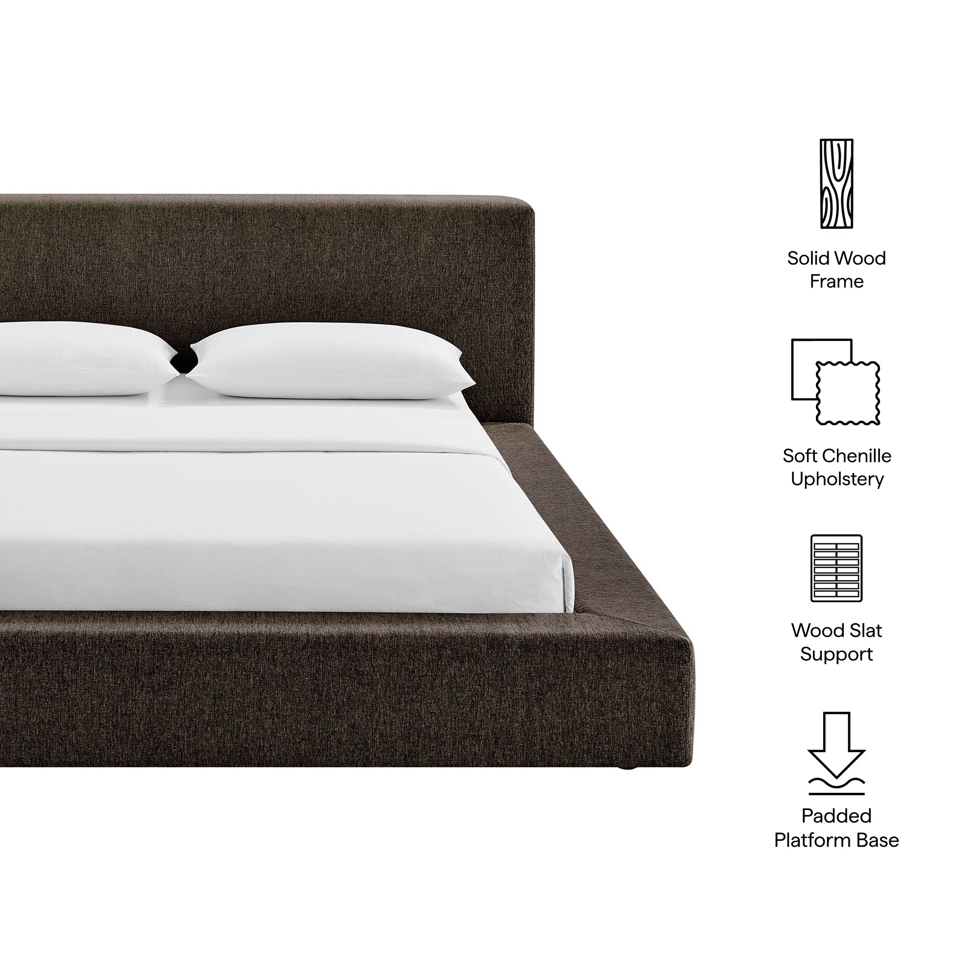 Luma Chenille Upholstered Queen Platform Bed Frame, Java